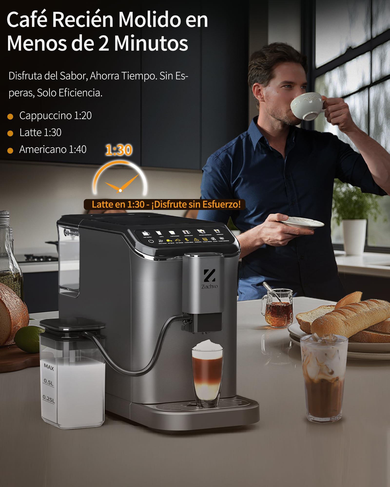 Cafetera Superautomática con Sistema de Leche–20 Bares, 7 Bebidas, 15 Niveles de Molido, Depósito de Agua de 1,5L, Doble Caldera, Control PID, Limpieza Automática,Pantalla Táctil，Café con Leche