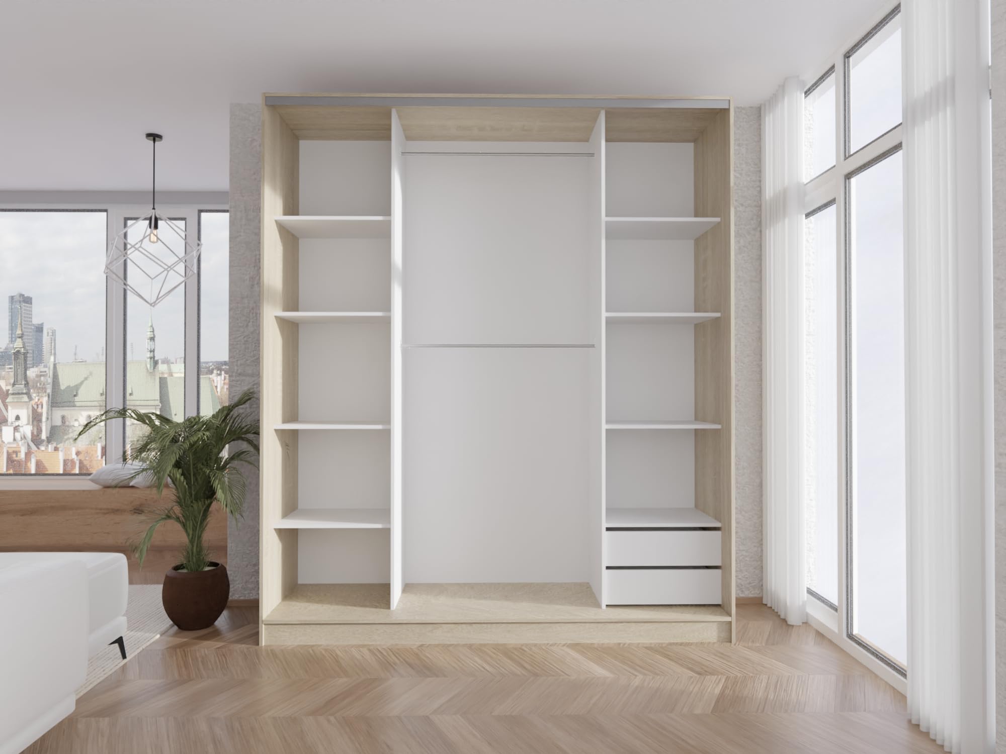 Kleiderschrank mit Schiebetüren 160cm breit Sonomaeich 160x250 cm | 2 Kleiderstangen, 2 Schubladen, MDF Platte, Inklusive Montageset, Mit Einlegeböden, Viel Stauraum, Praktische Aufteilung