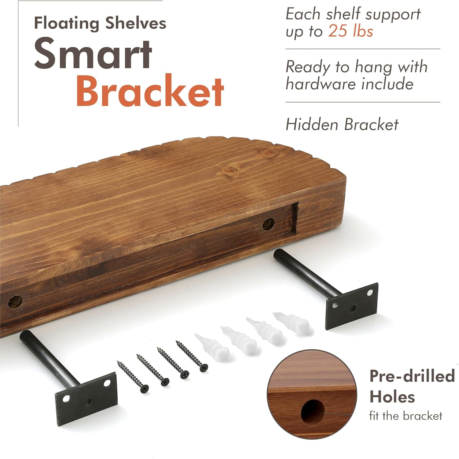 GRID FORTE Wood Rounded Fluted Floating Shelf Set of 2, 16Wx5.5D Inch– Modern Display Shelf with Decorative Edge, Rustic Hanging Storage for Plants, Books, Photos & Home Décor