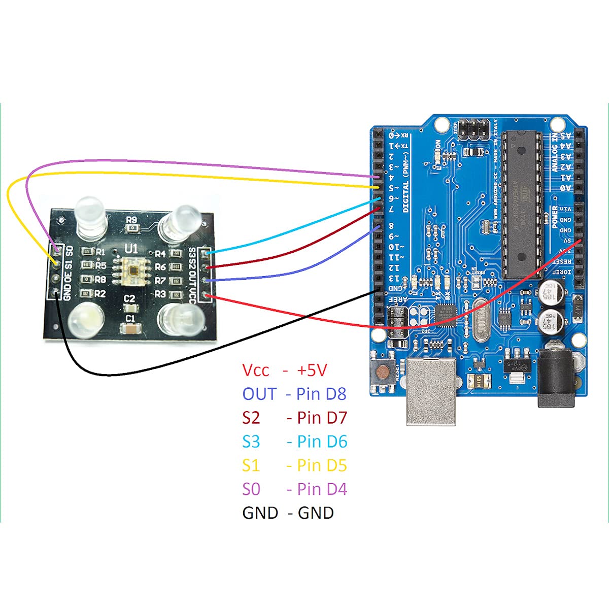 TCS230 TCS3200 Farberkennungs-Sensormodul Detektormodul Farberkennungssensorl DC 3-5V 4 LED mit DuPont-Kabel für Arduino