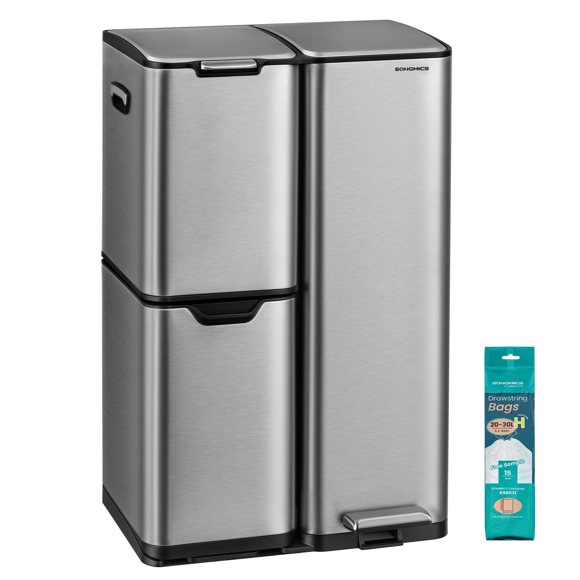 SONGMICS Poubelle Cuisine, Tri Sélectif, 3 Bacs, 60L, Acier