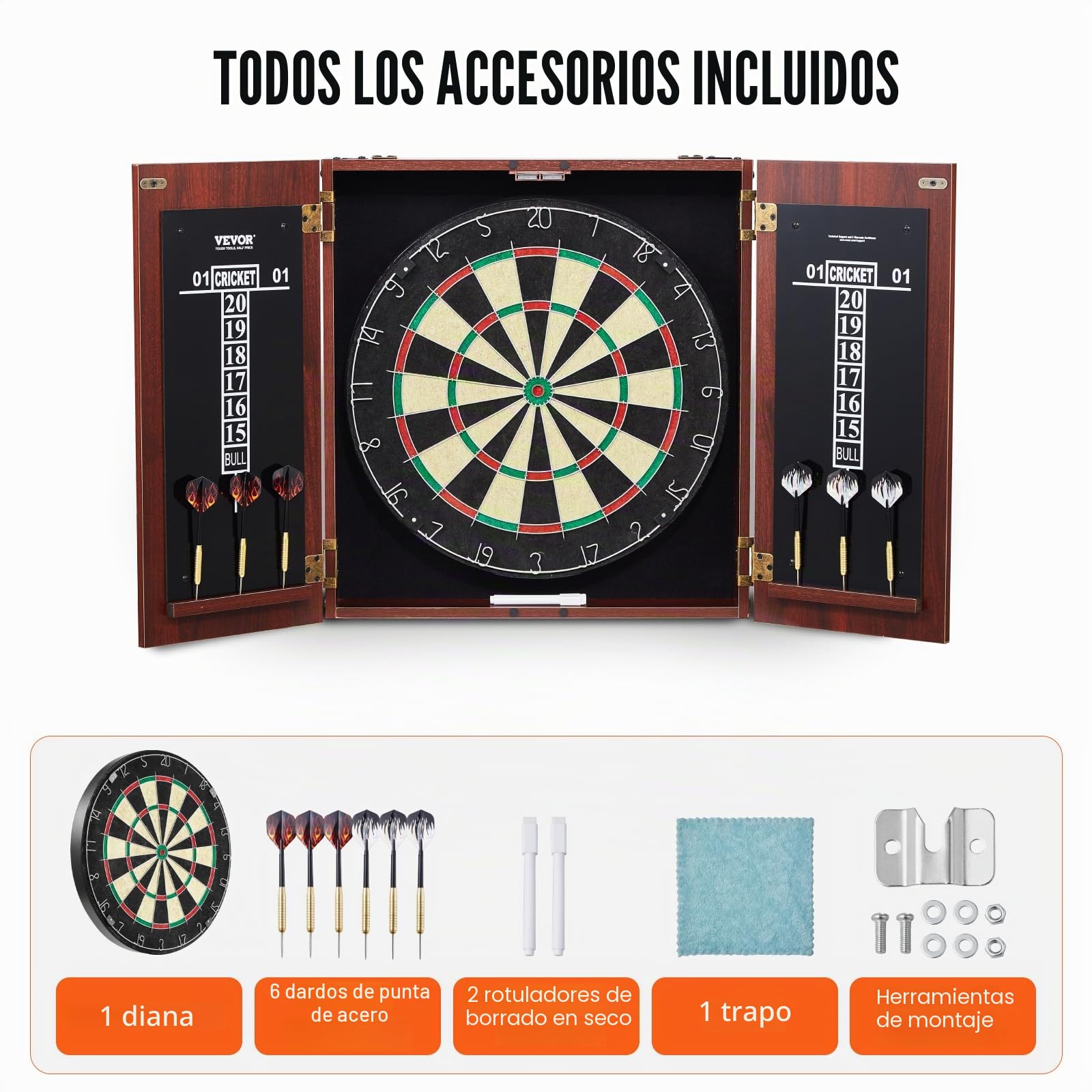 VEVOR Juego de Tablero de Dardos y Gabinete Oculto de Tamaño Oficial, Paquete Listo para Jugar, con Punta de Acero, Fácil Montaje, con Todos los Accesorios, Juegos Cricket, 45 x 3,8 cm