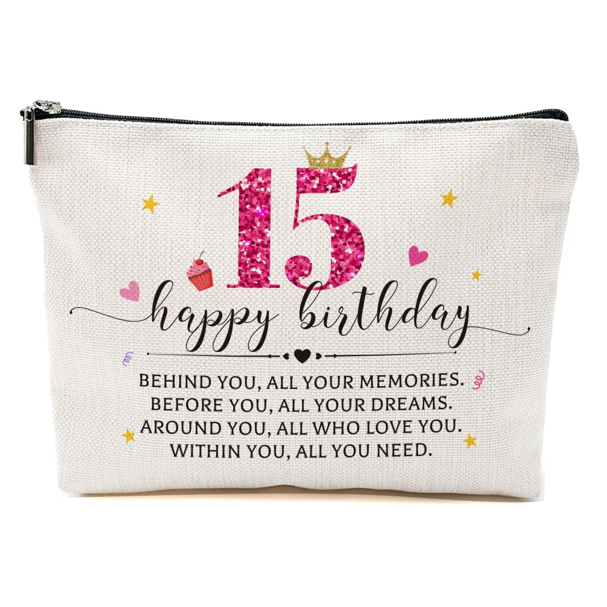 Birthday Gifts for 15 Year Old Girl 15th Birthday Gifts for Teen Girls Makeup Bag Happy 15th Birthday Travel Cosmetic Bags Turning 15 Inspirational