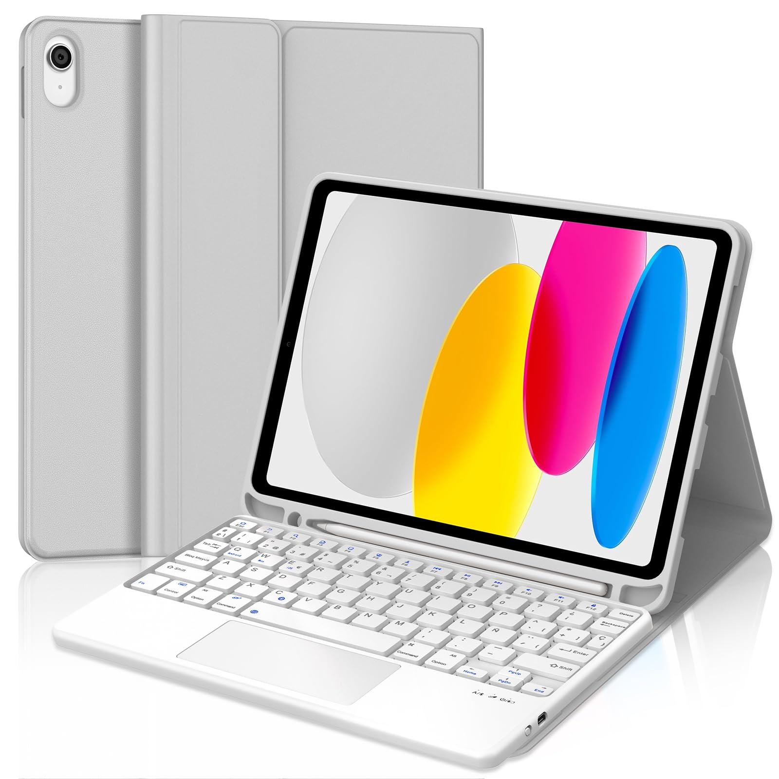 Funda Teclado para iPad A16 11ª Gen 2025/10ª Gen 2022, Teclado Bluetooth Desmontable con Trackpad, Funda Delgada con Ranura para Bolígrafo para iPad 10ª/11ª Generación 10.9/11 Pulgadas-Gris Claro
