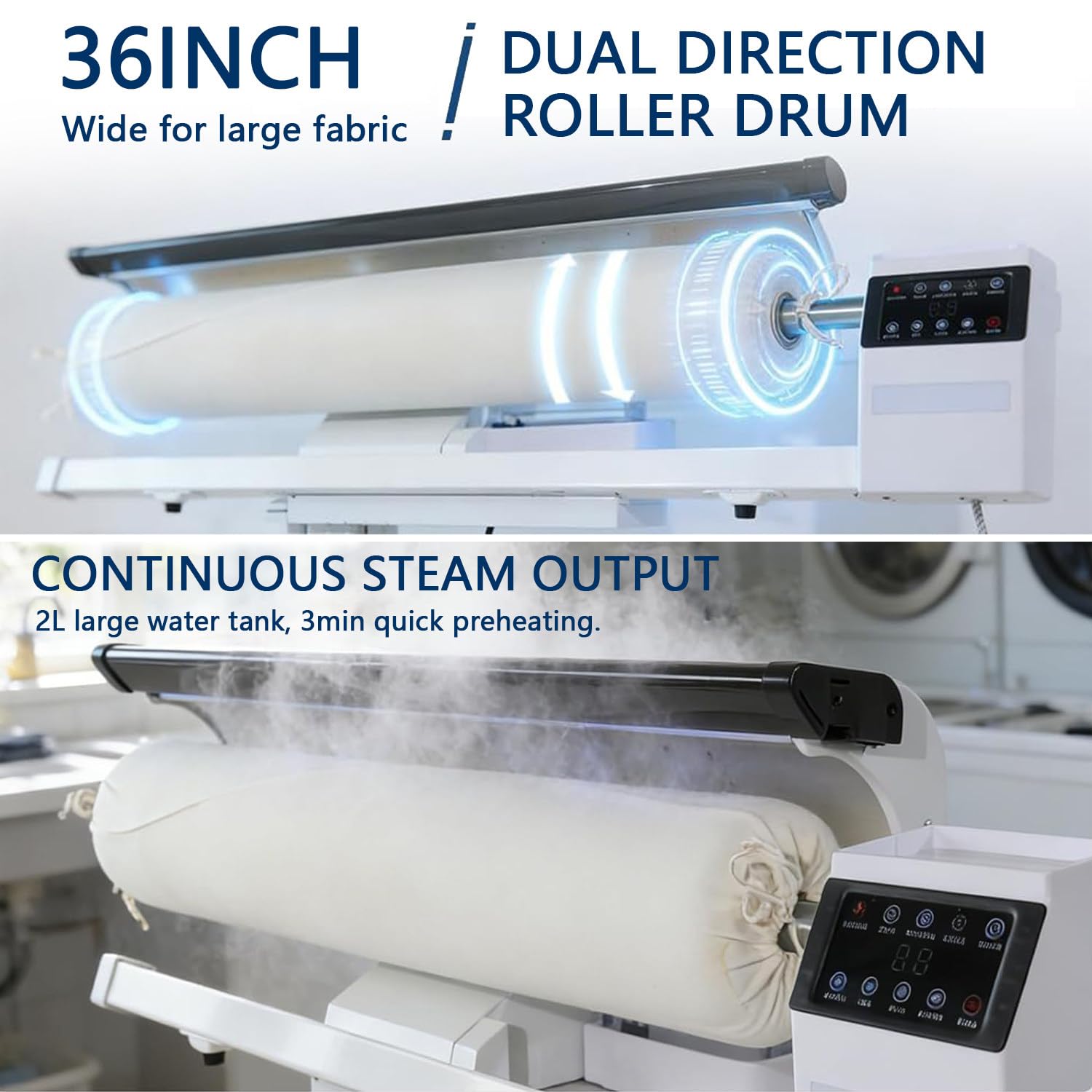 Plancha de Vapor rotativa Profesional de 90 cm, Plancha Industrial de Vapor, Plancha de Rodillos con Gran depósito de Agua de 2 litros y Pedal para Ropa, Cortinas, sábanas y manteles