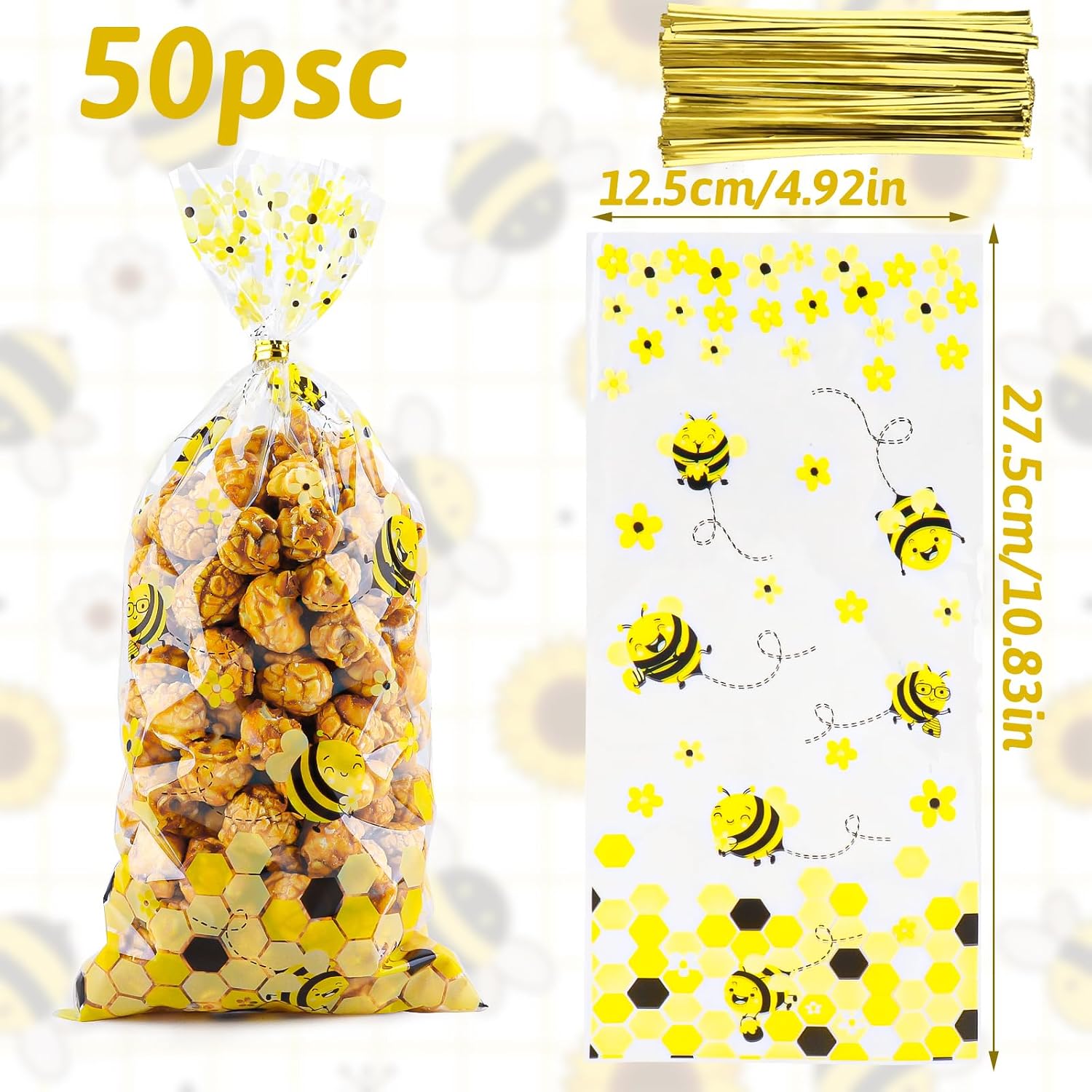 Cxryrzhe 50 Pcs Cellophane Treat Bags Little Bee Cellophane Candy Cookies Gift Bags 5"X10.8" with Twist Ties for Snack Bakery Birthday Wedding Party