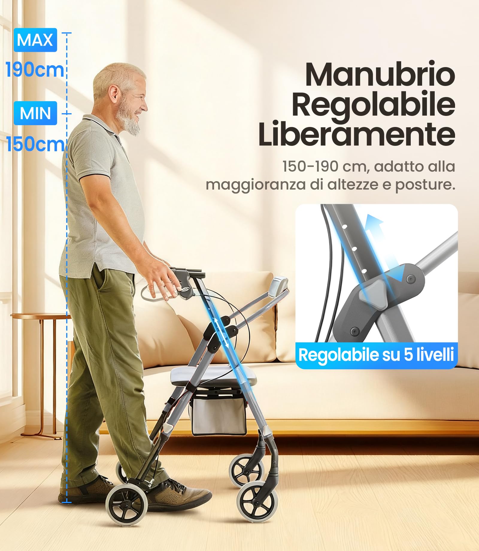VOCIC Deambulatore pieghevole e leggero con seduta, 6,3 kg ultraleggero | Deambulatore per anziani, max 150 kg, sedile ergonomico, altezza regolabile, walker stretto per casa & viaggi, argento