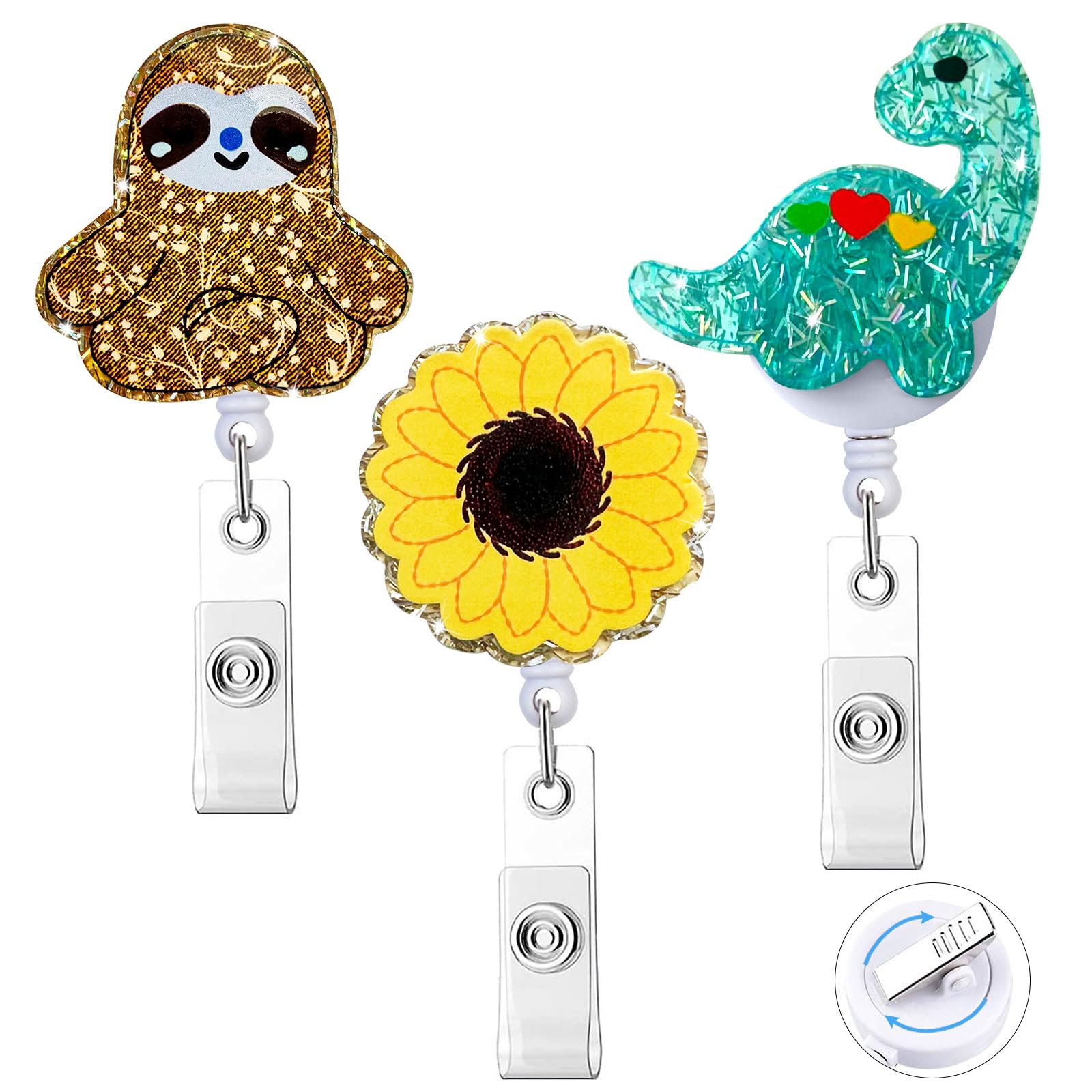 3 Pack Cute Badge Reels Retractable ID Badge Holder,Funny Glittery Cartoon Sloth Sunflower and Dinosaur Badge Reel with Alligator Clip for RN LPN CNA