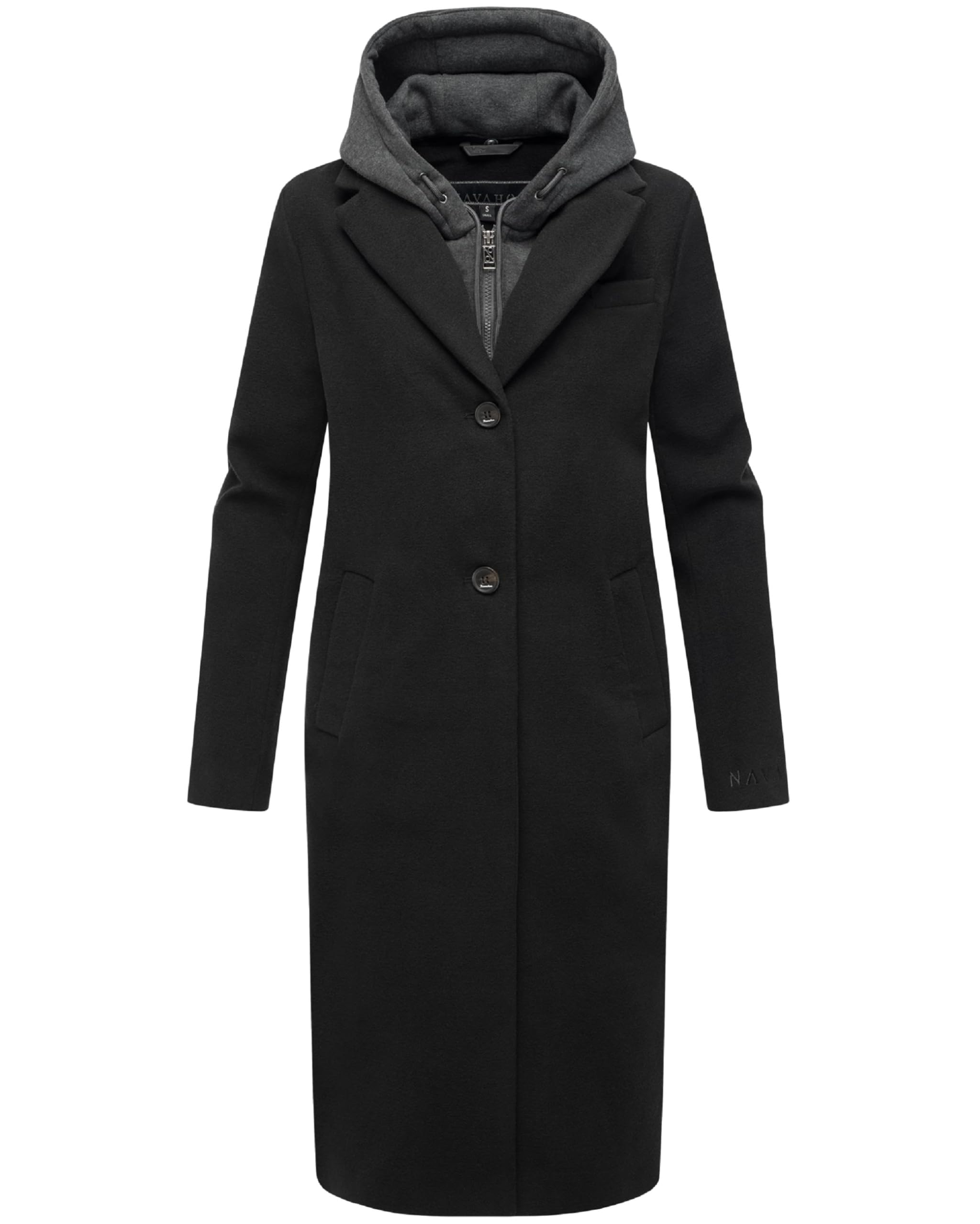 Navahoo Women's Black Coat In Wool Look Long Trench Coat Slightly Oversized With (Removable) Hood Insert Made Of Sweat Material Kekstraum 14 Xs-3Xl, M