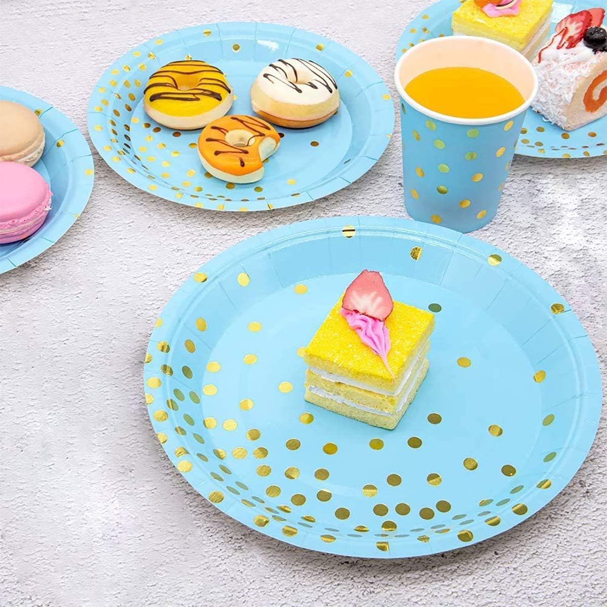 Blue and Gold Party Supplies Disposable Party Dinnerware Set 125PCS Blue Paper Plates Napkins Cups Serve 25 for Graduation Birthday Party Wedding (Sky blue), Blue,Gold