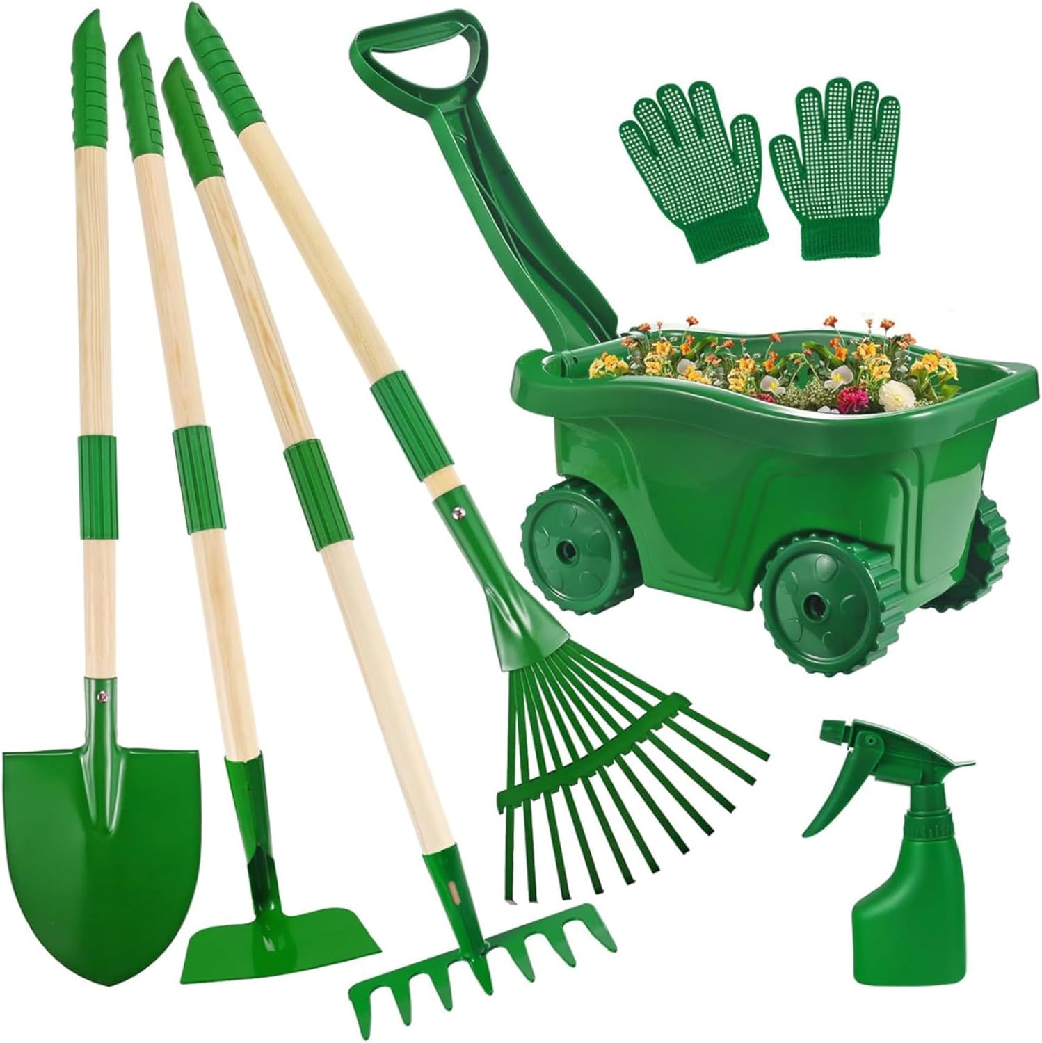 Kids Gardening Set 7-piece Toddler Gardening Set with Wheelbarrow, Shovel, Rake and Leaf Rake, Educational Kids Garden Tools for Outdoor Backyard Play