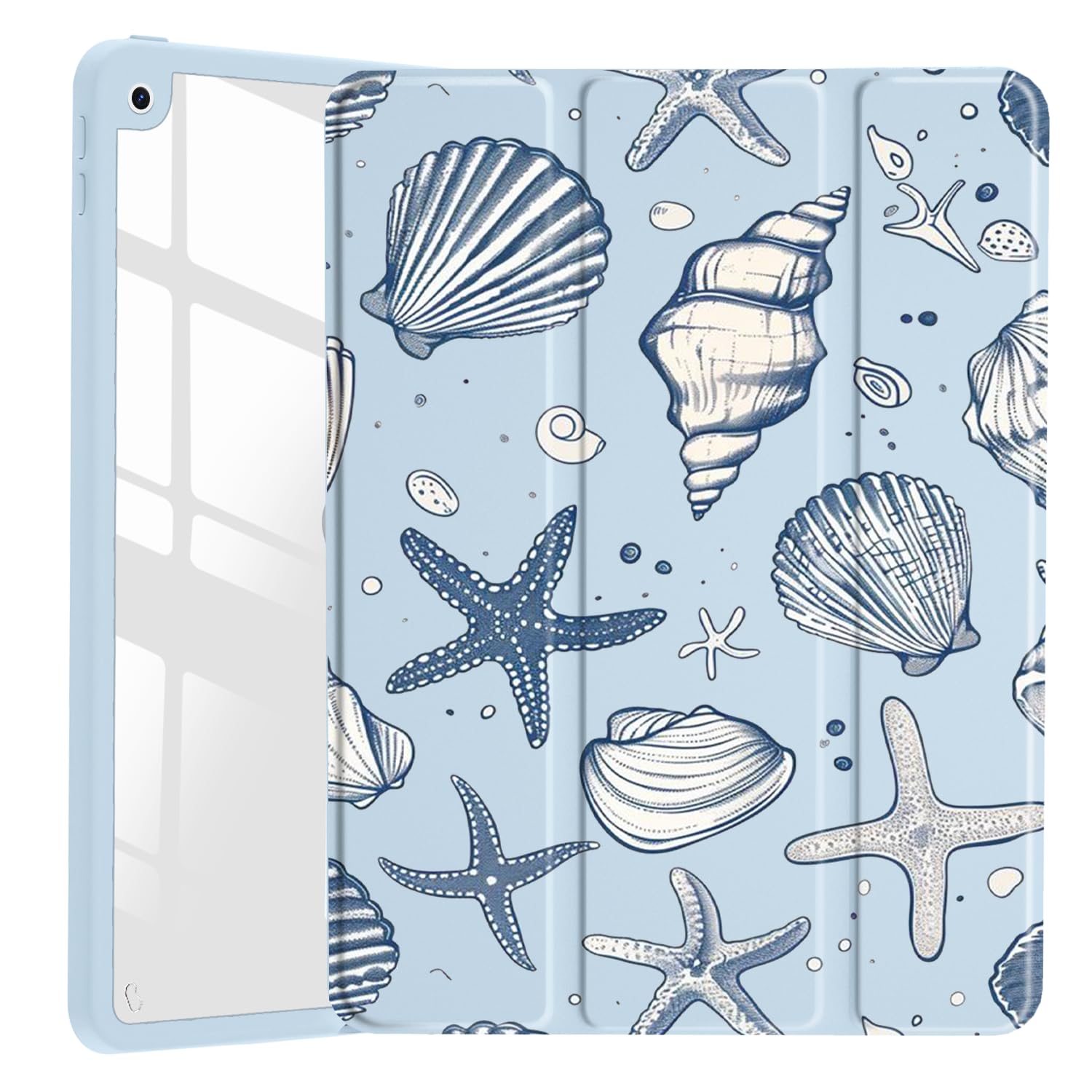 JOYLAND Sea Shells Case for iPad 7th/8th/9th Generation, Clear Transparent Acrylic Hard Back Ice Blue Case with Pencil Holder Trifold Stand Tablet