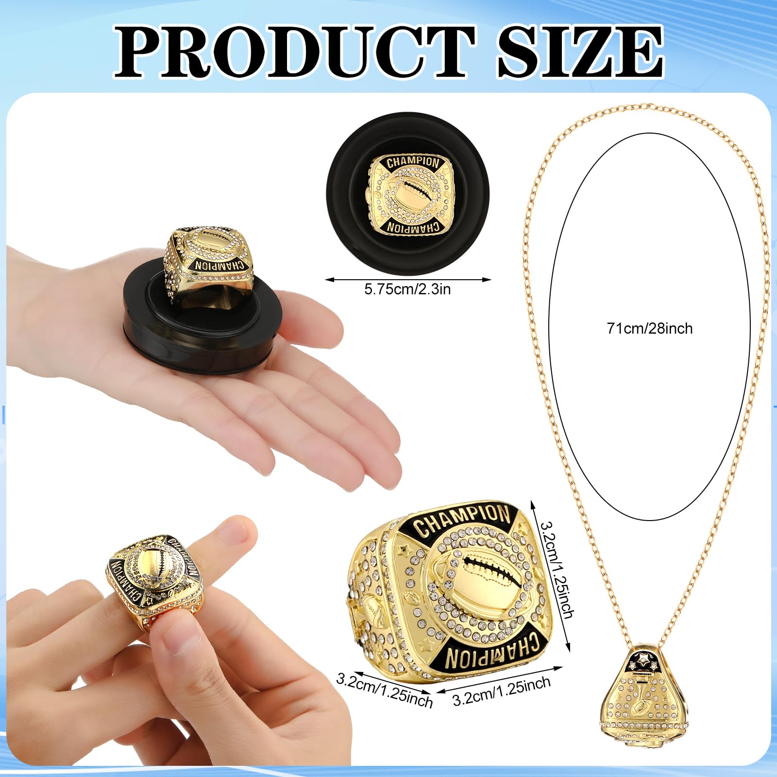 Landical 12 Pcs Gold Football Championship Rings Ball Games Championship Trophy Rings Sport Ball Award Gift with Display Neck Chain and Stand for Tournament or League Champion Winner