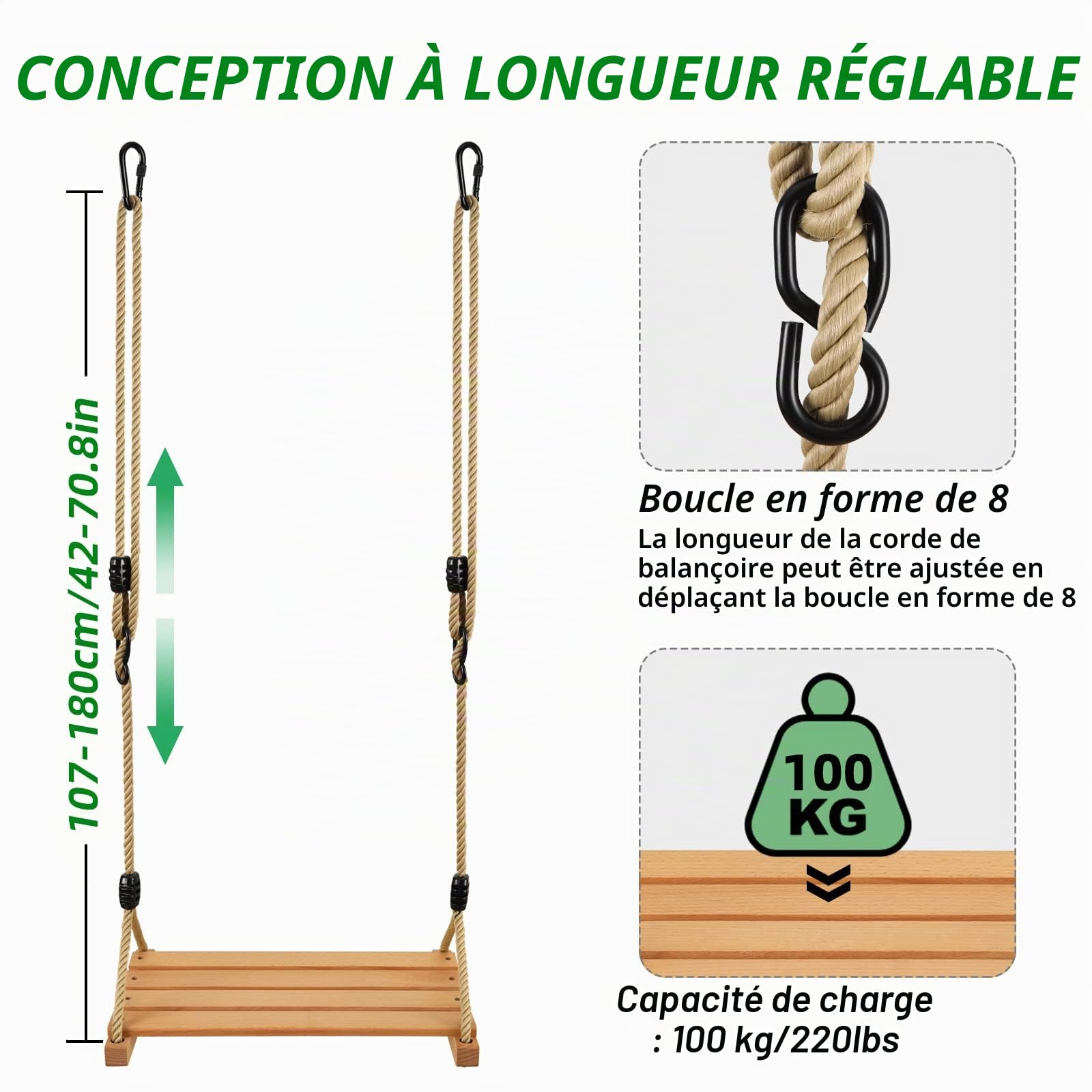 Balançoire Bois Enfant Adulte Extérieur pour Portique Toboggan Arbre Jardin