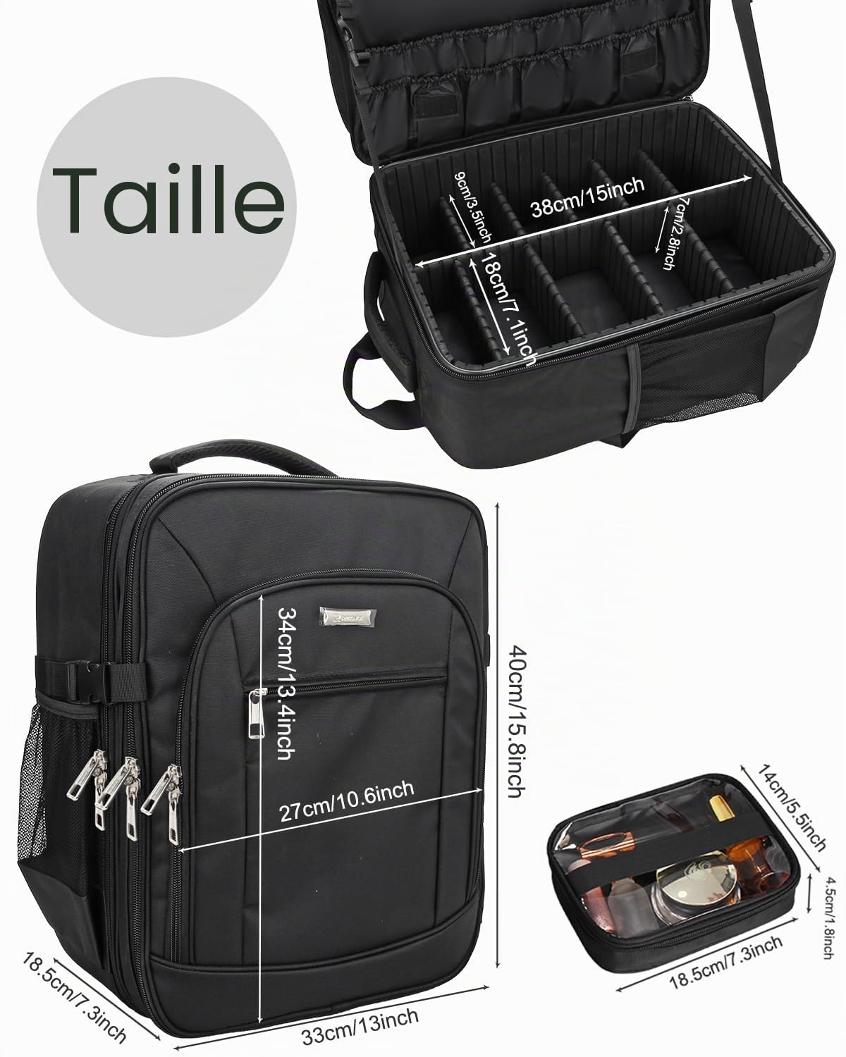 Relavel - Mallette de maquillage professionnelle - Sac à dos extra large - Organisateur de rangement pour artistes de maquillage - 3 couches - Noir