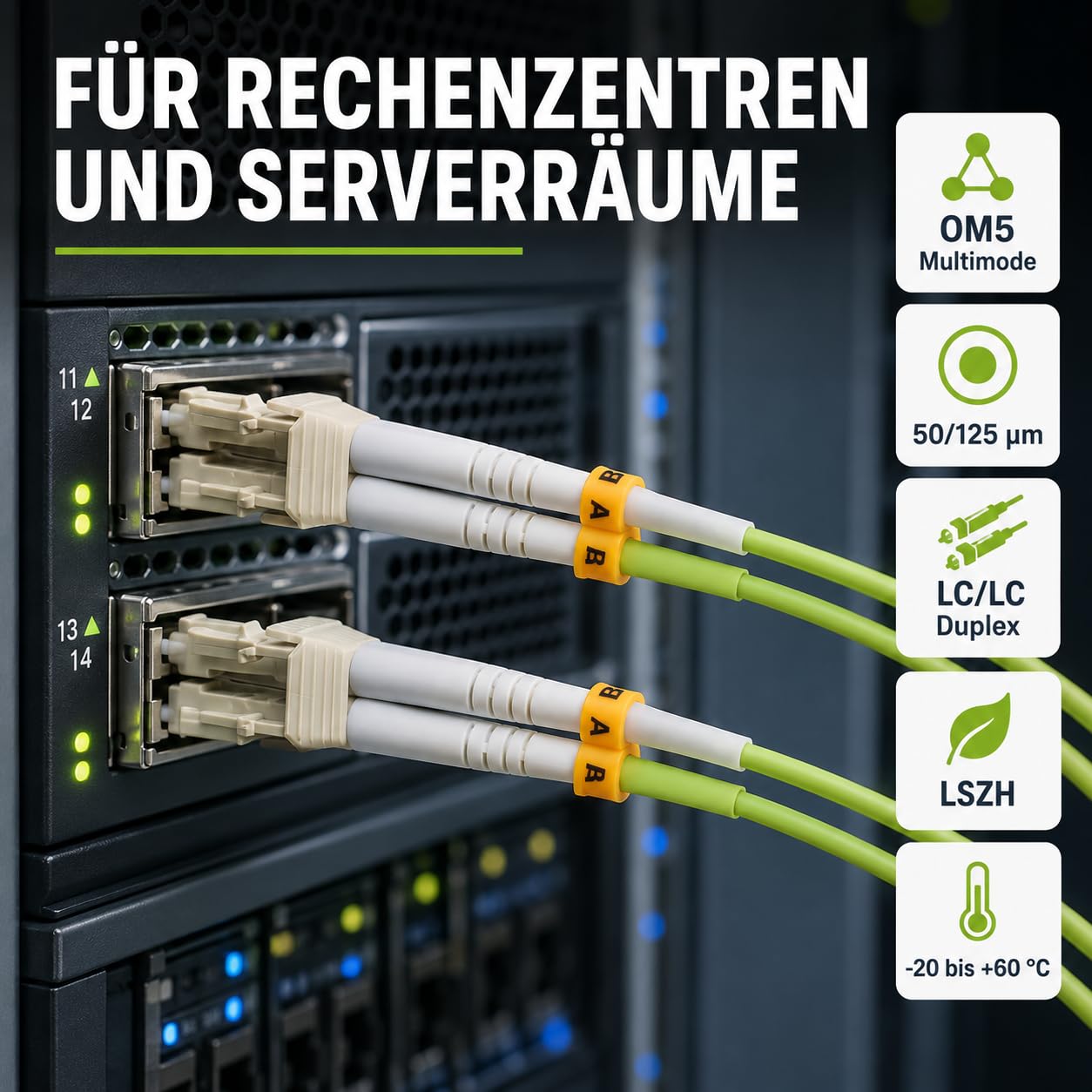 1 câble de brassage duplex 30 m OM5 LWL DX LC/UPC - LC/UPC MM multimode - 50/125 µm LSZH vert citron