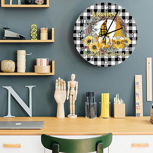 Miniatura 4 de Reloj de pared silencioso de 12 pulgadas, sin tictac, gnomo dulce, corona de girasol fresco, retro, negro, a cuadros, fácil de leer, reloj de