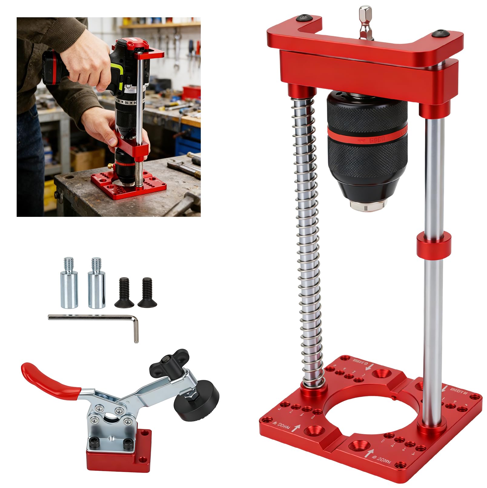 Soporte de taladro y soporte para taladro, soporte de bisagra, dispositivo de perforación portátil para madera ajustable, ayuda de perforación portátil, soporte de taladro con portabrocas para