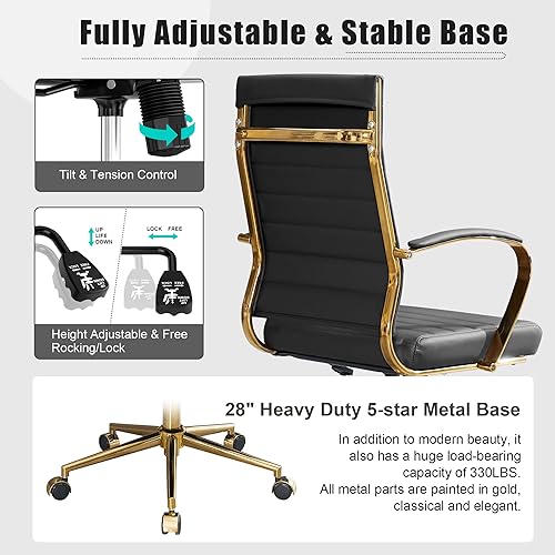 Miniatura 4 de Okeysen Silla de escritorio de oficina dorada, sillas ergonómicas de cuero modernas para sala de conferencias, silla ejecutiva acanalada ajustable