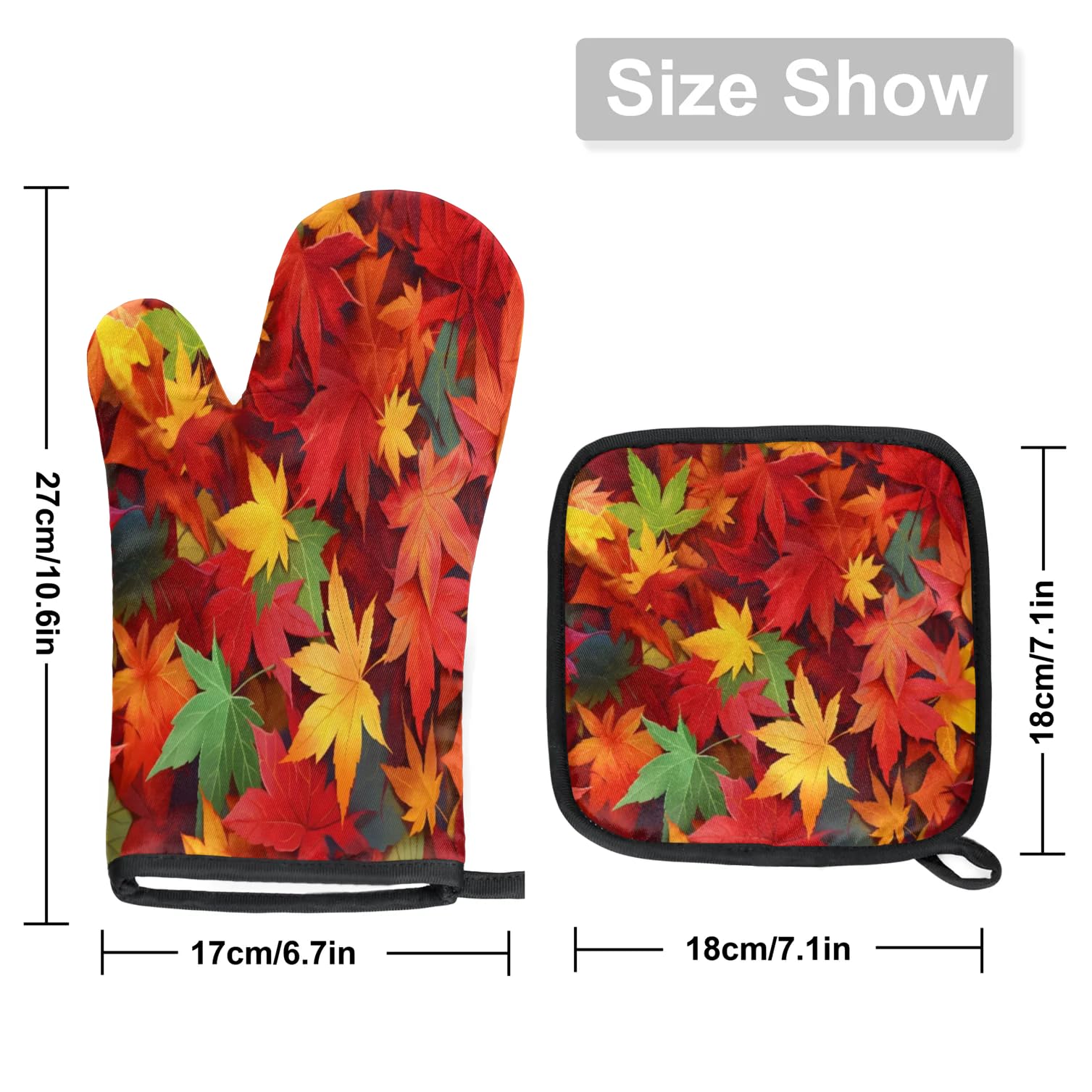 Colorful Maple Leafs Oven Mitts Kitchen Oven Gloves for Cooking Baking Heat Proof Lining Cotton Kitchen Potholder Mittens Pot Holders Hot Pads for Chef Women Men