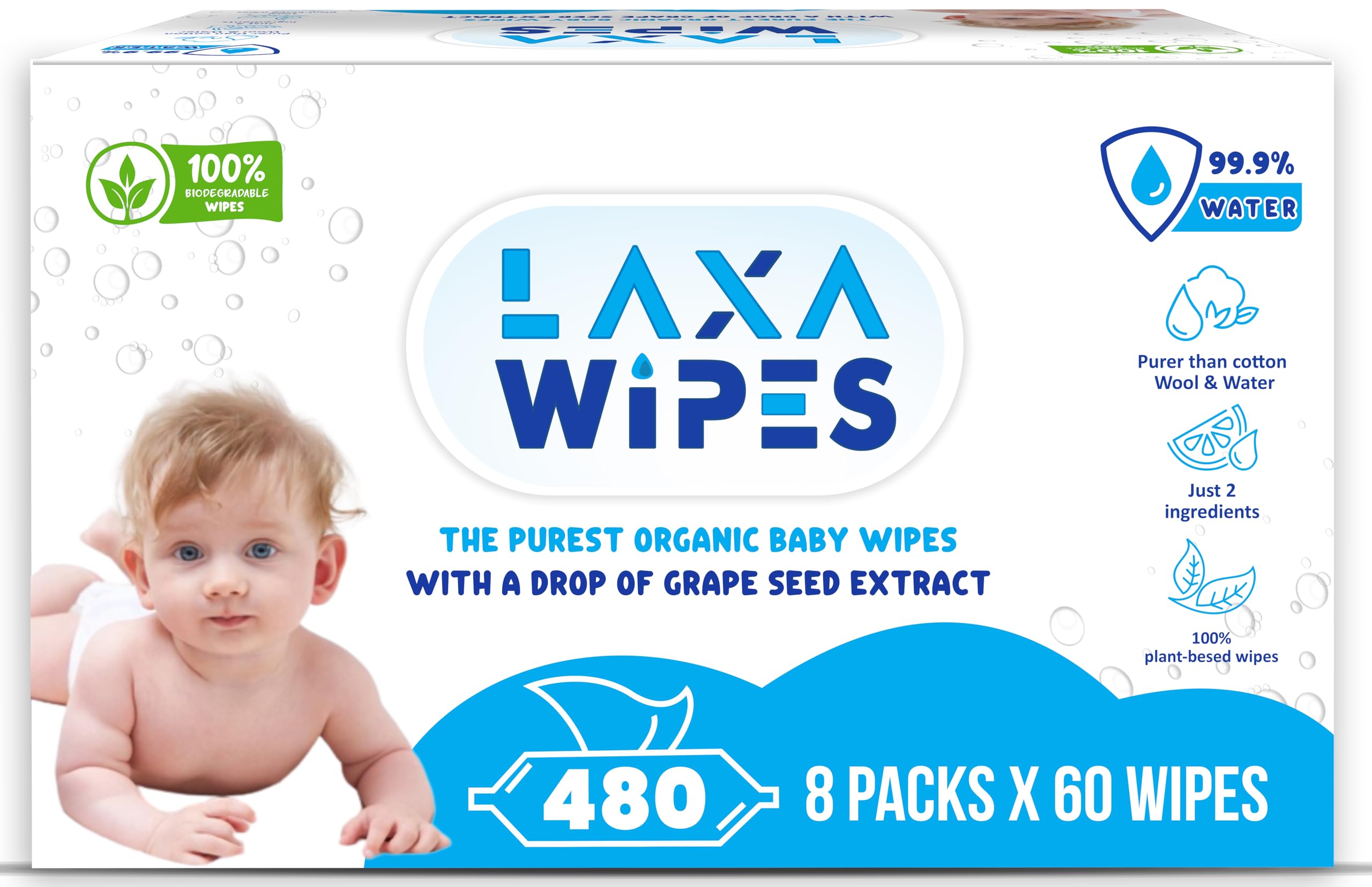 laxawipesOriginal Plastic Free Baby Wipes, 480 wet wipes (8 packs), 99.9% Water Based Wet Wipes & Unscented for Sensitive Skin