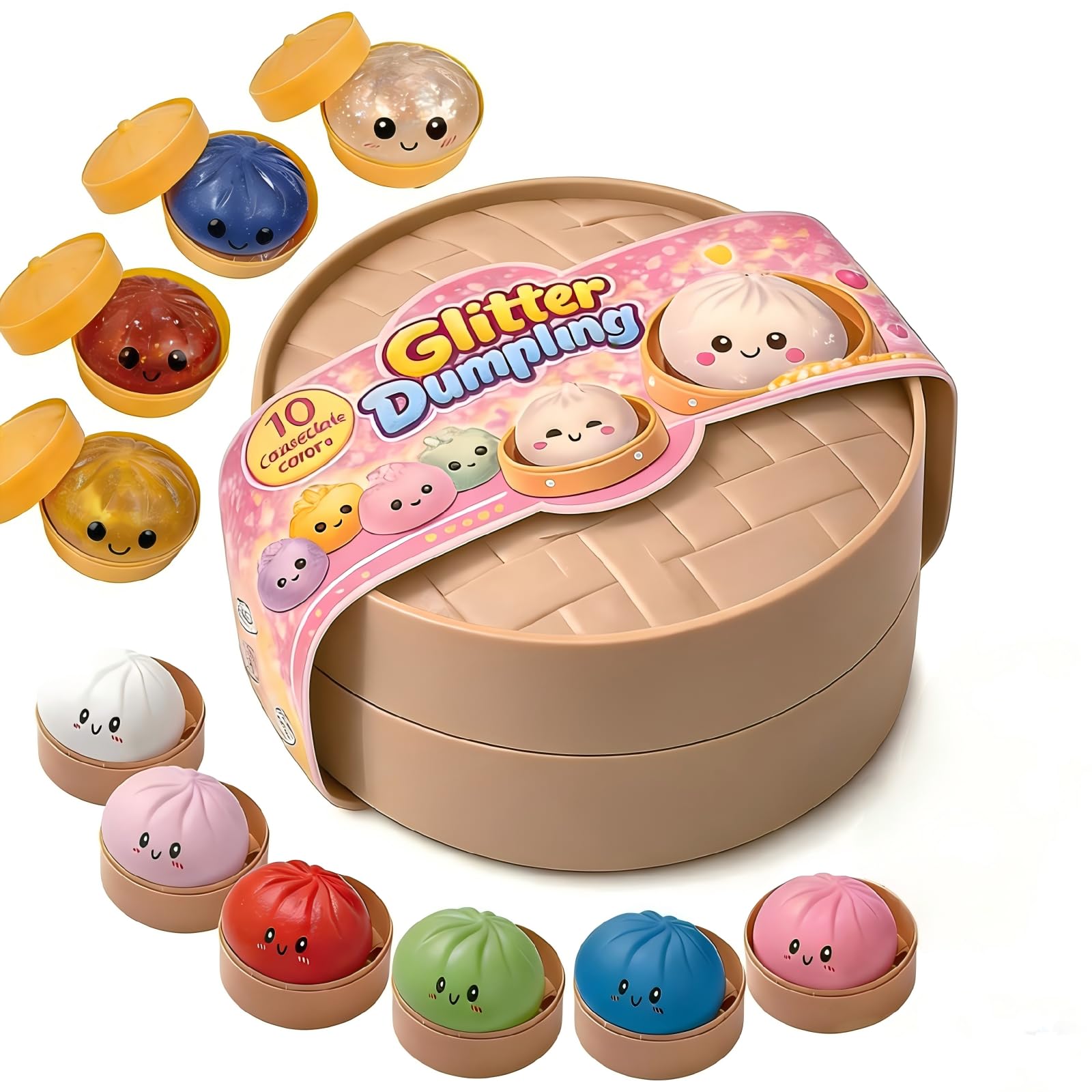 JOJOHOMY Dumpling Squishies, Glitter Dumpling Toy, Colorful Dumplings Stress Relife Toy, Stuffers with Food Steamer Desk Toys (1 Pack-Random Color) â image 1