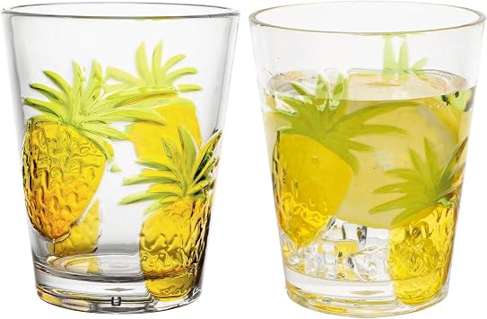 UP Pineapple DOF Tumblers, Stackable BPA-Free Acrylic Cups with Embossed Pineapple Design, Reusable Drinkware for Water, Cold Drink or Cocktails, Yellow, 16 oz, Set of 2