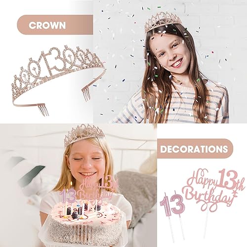 Miniatura 5 de Decoraciones de cumpleaños número 13 para niñas, incluyendo banda de cumpleaños, tiara de corona de diamantes de imitación de oro rosa, decoración