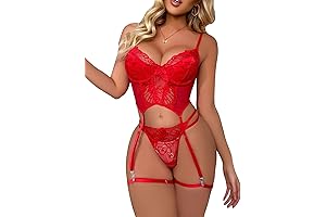 WDIRARA Women's 3 Piece Floral Lace Underwire Garter Lingerie Bra and Thong Set