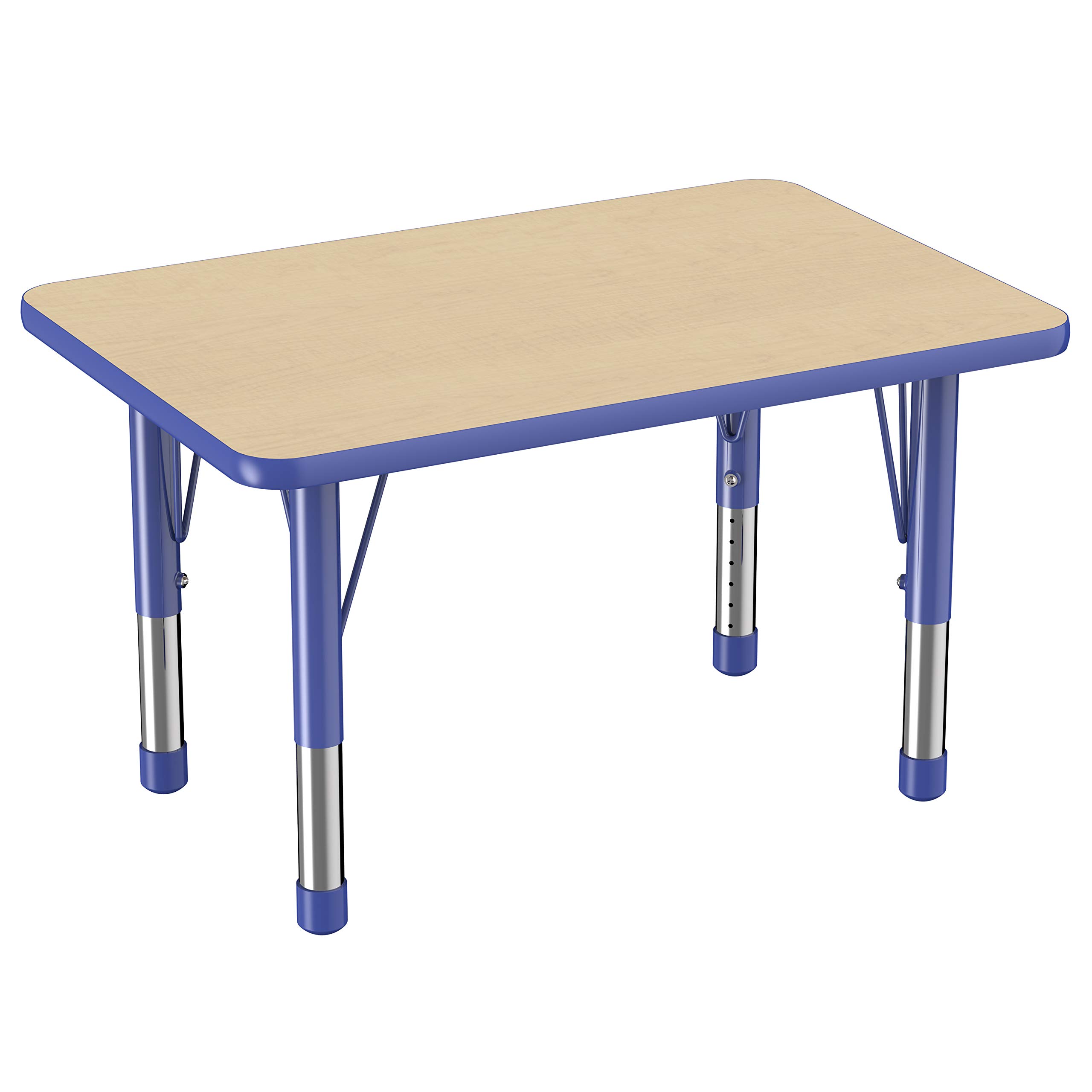 FDP Rectangle Activity School and Classroom Kids Table (24 x 36 inch), Chunky Toddler Leg, Adjustable Height 15-24 inches - Maple Top and Blue Edge