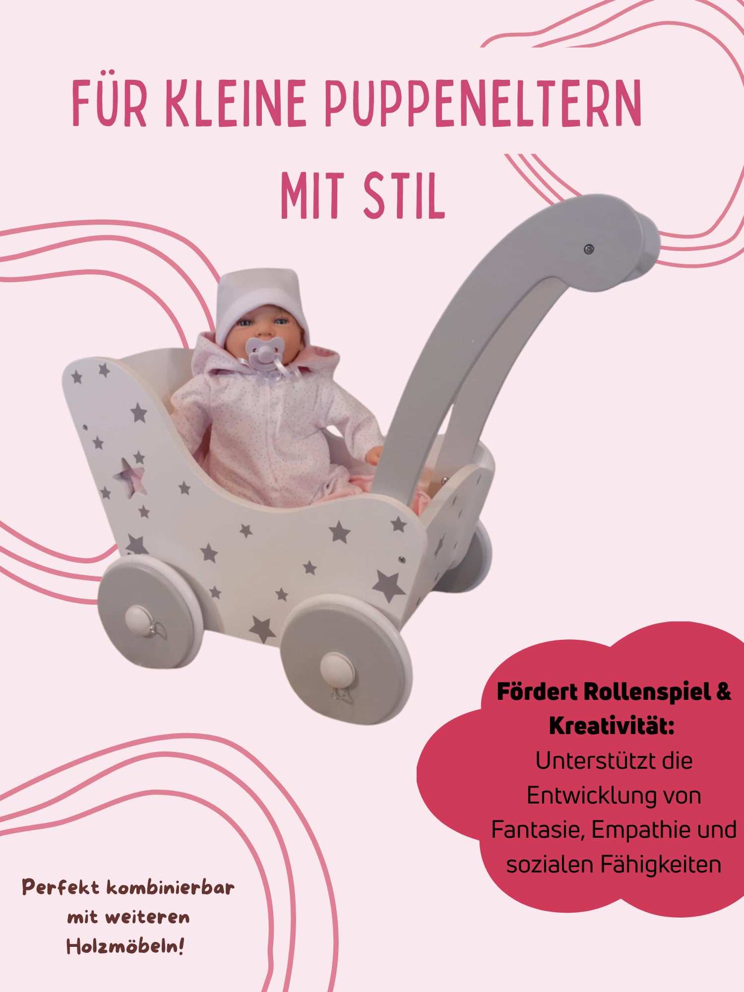 Bayer Chic 2000 Holz-Puppenwagen | Stars grau | Für Puppen bis 54 cm | Stabiler Puppenwagen aus Holz. Idealer Begleiter für Kleinkinder. Feste Schiebehöhe: 43 cm. Für Puppen bis 54 cm.