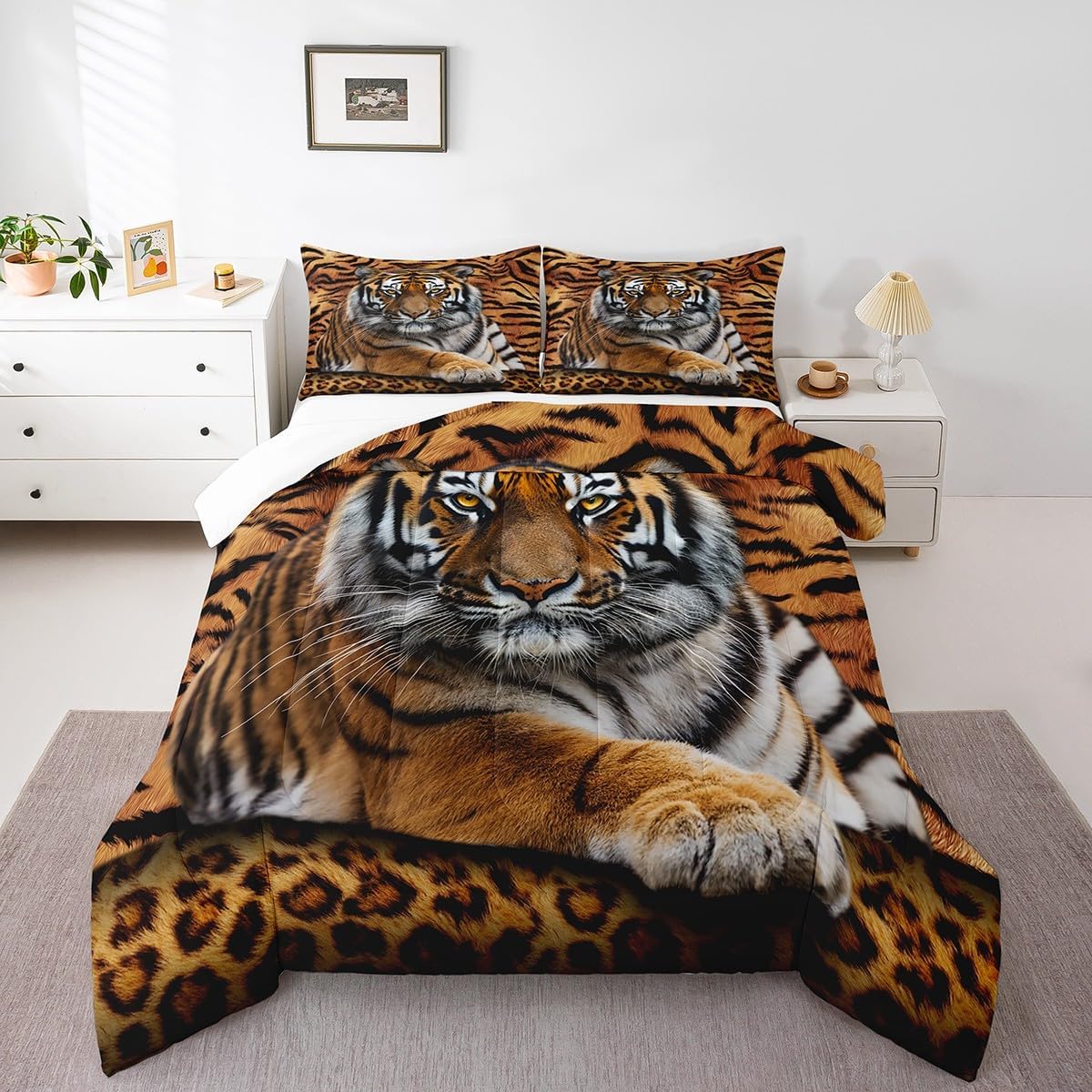 Manfei Tiger 3D Print Comforter Set Queen Size Wild Animals Bedding Set 3pcs for Kids Teens Room Decor,Animal Fur Quilt Set Soft Breathable Duvet Insert with 2 Pillowcases