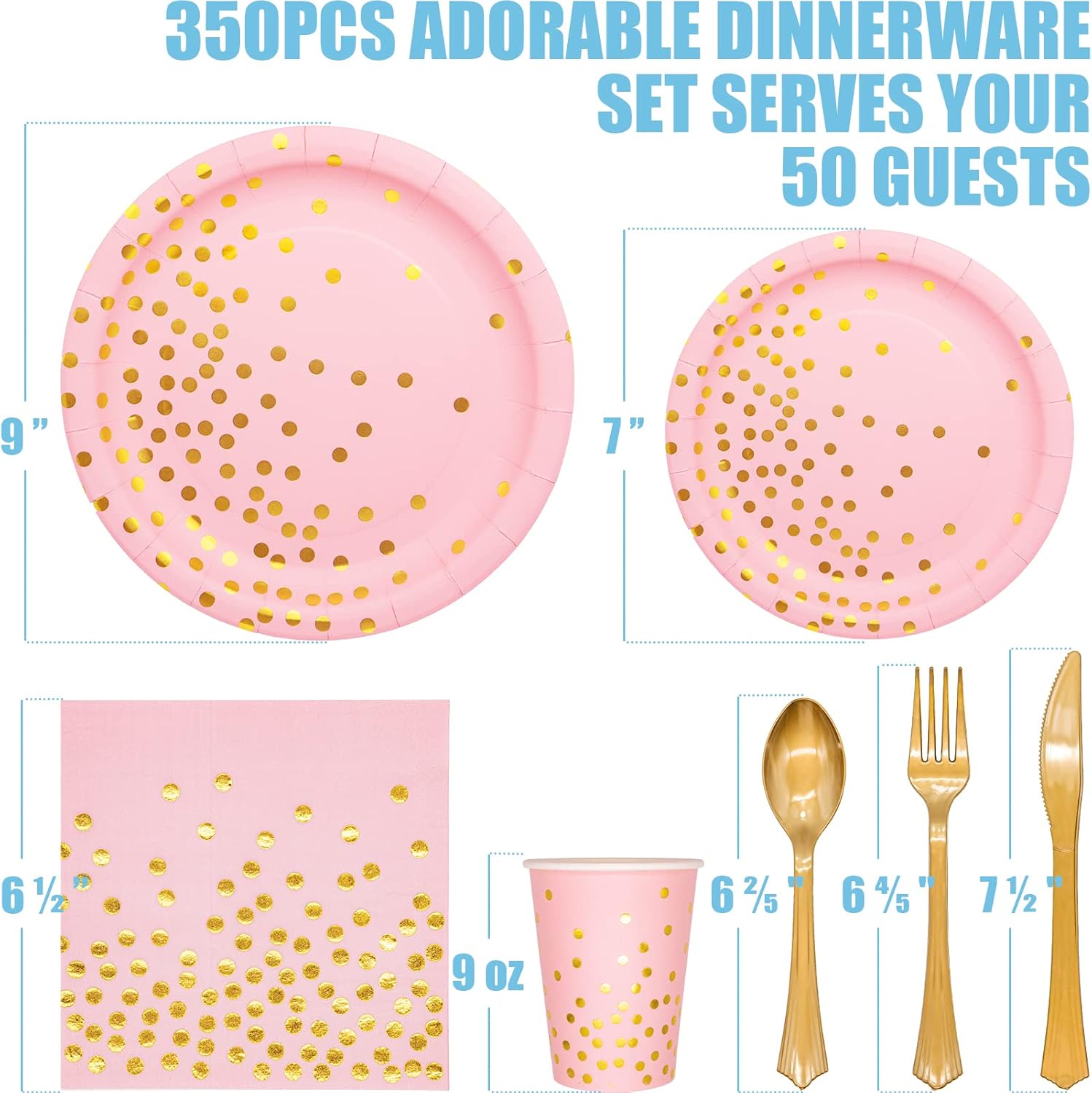 Pink and Gold Party Supplies, 350PCS Disposable Dinnerware Set with Pink Paper Plates Napkins Cups, Gold Plastic Flatware Set for Women Girls Birthday Graduation Baby Shower Engagement Wedding