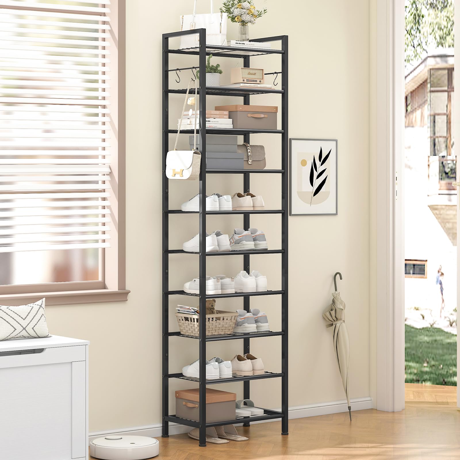 usikey 10 Tiers Narrow Shoe Rack 20-30 Pairs, Sturdy Metal Tall Shoe Rack Shelf with 4 Hooks, Slim Shoe Storage with Metal Shelf, Space Saving Vertical Shoe Organizer for Entryway, Closets, Black