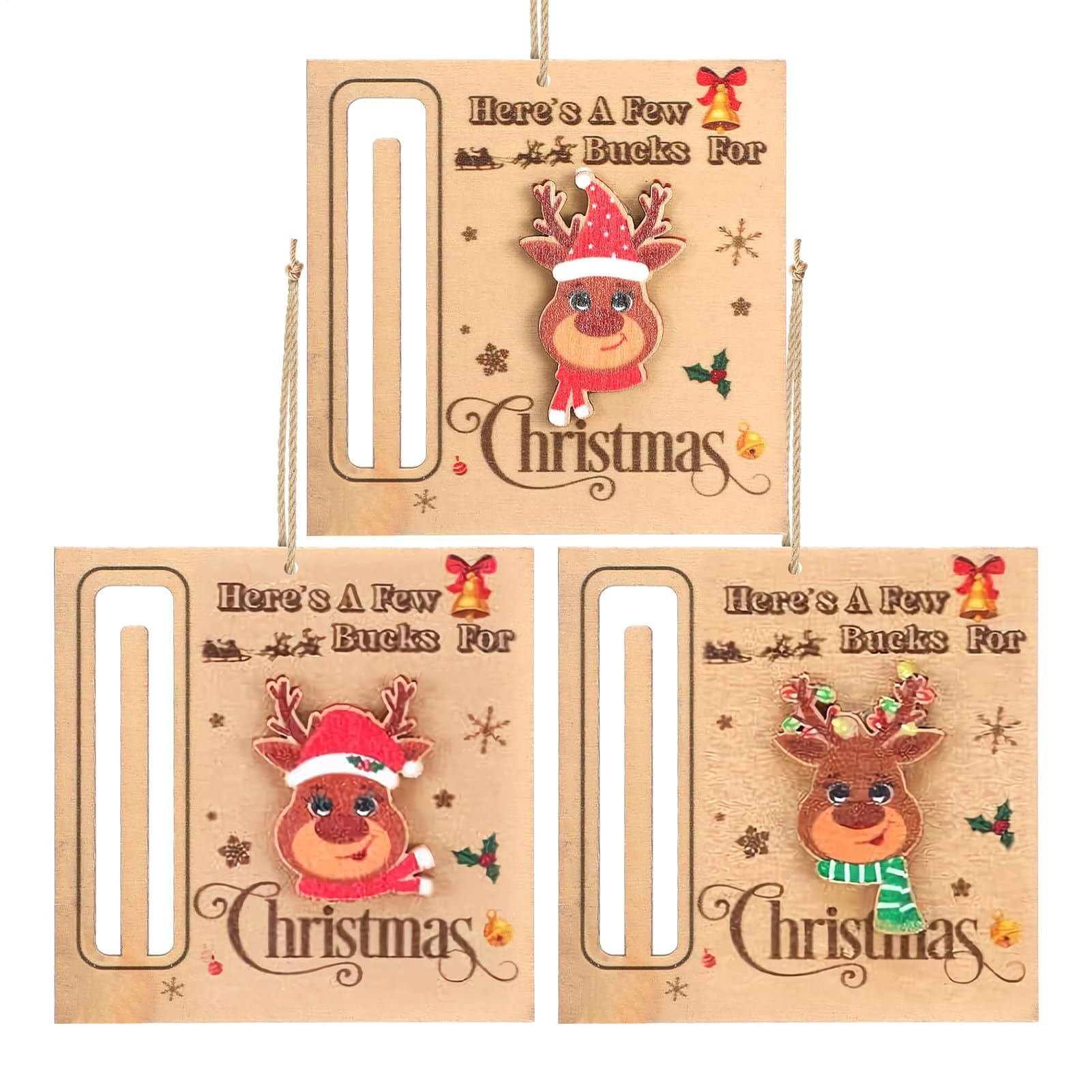 Portasoldi Natalizi in Legno 3 Pezzi Ornamenti Decorativi a Clip per Denaro per Albero di Natale