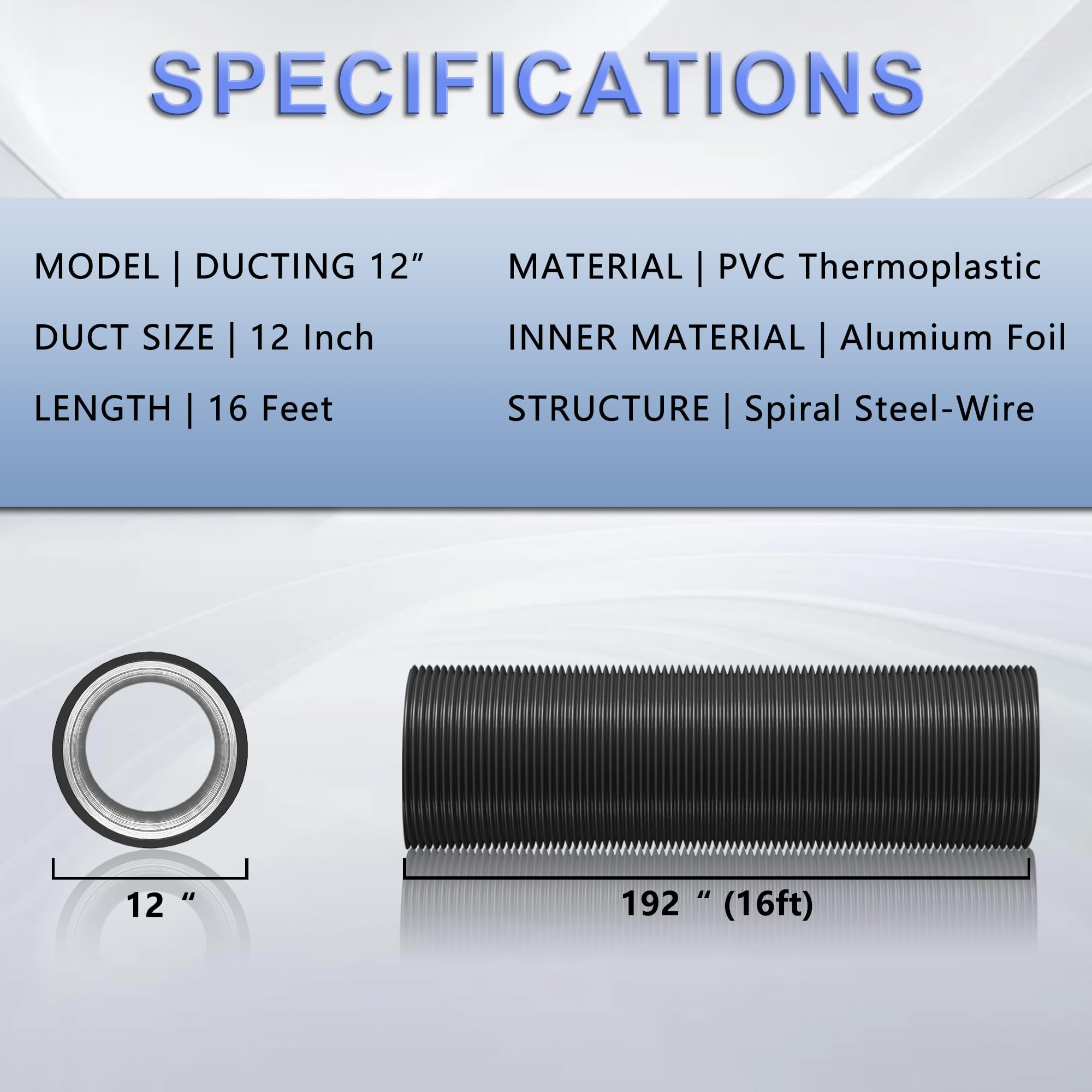 Manguera flexible de 12 pulgadas, conducto de aluminio negro de 16 pies, manguera de ventilación de secadora de protección de 4 capas para calefacción HVAC, ventilación y escape, 2 abrazaderas