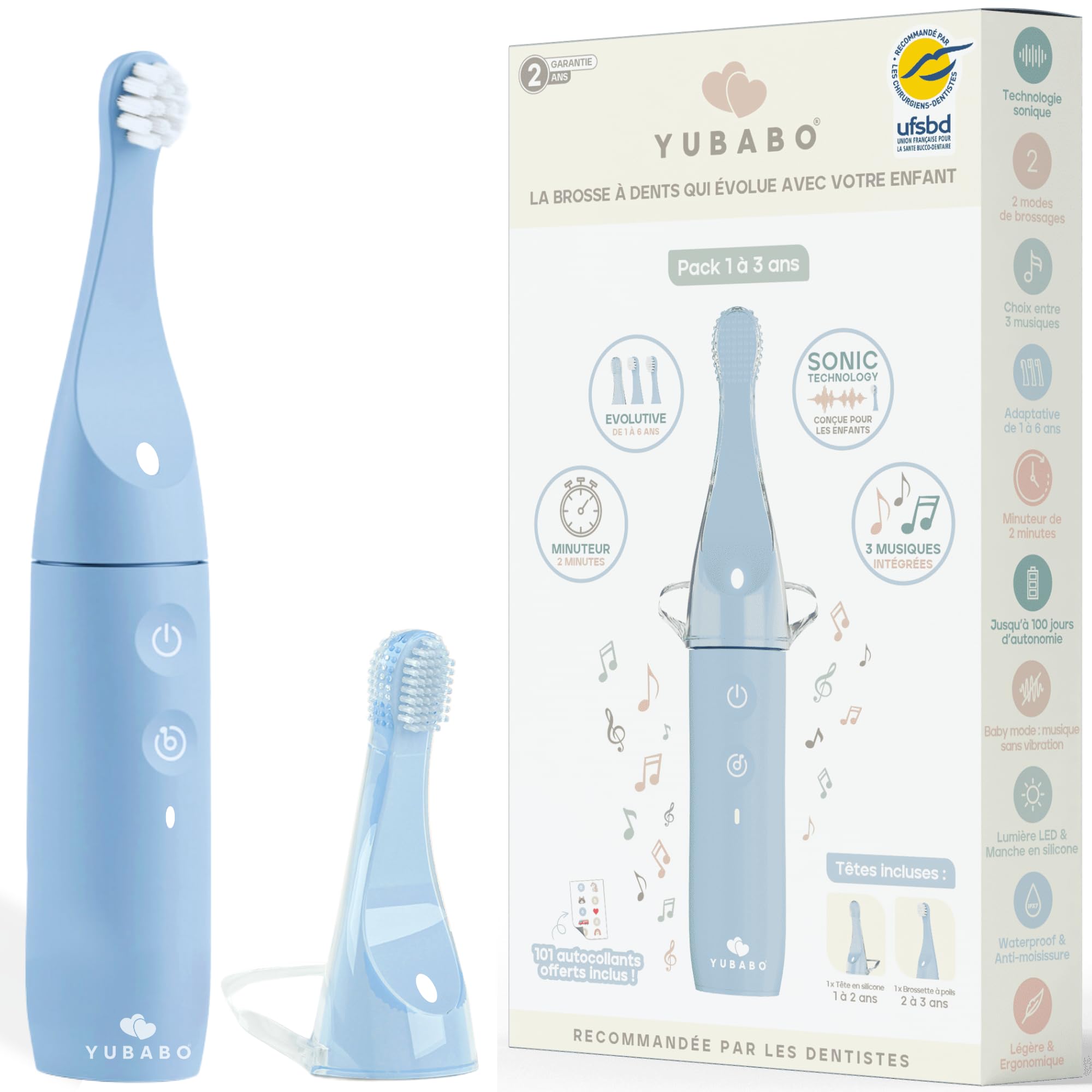 Brosse à Dents Électrique Enfant Musicale avec Baby Mode - 2 Modes Sonique - 100 Jours d’Autonomie - Minuteur 2 Min - 101 Autocollants - Recommandée par les Dentistes - 1 à 3 ans - Bleue