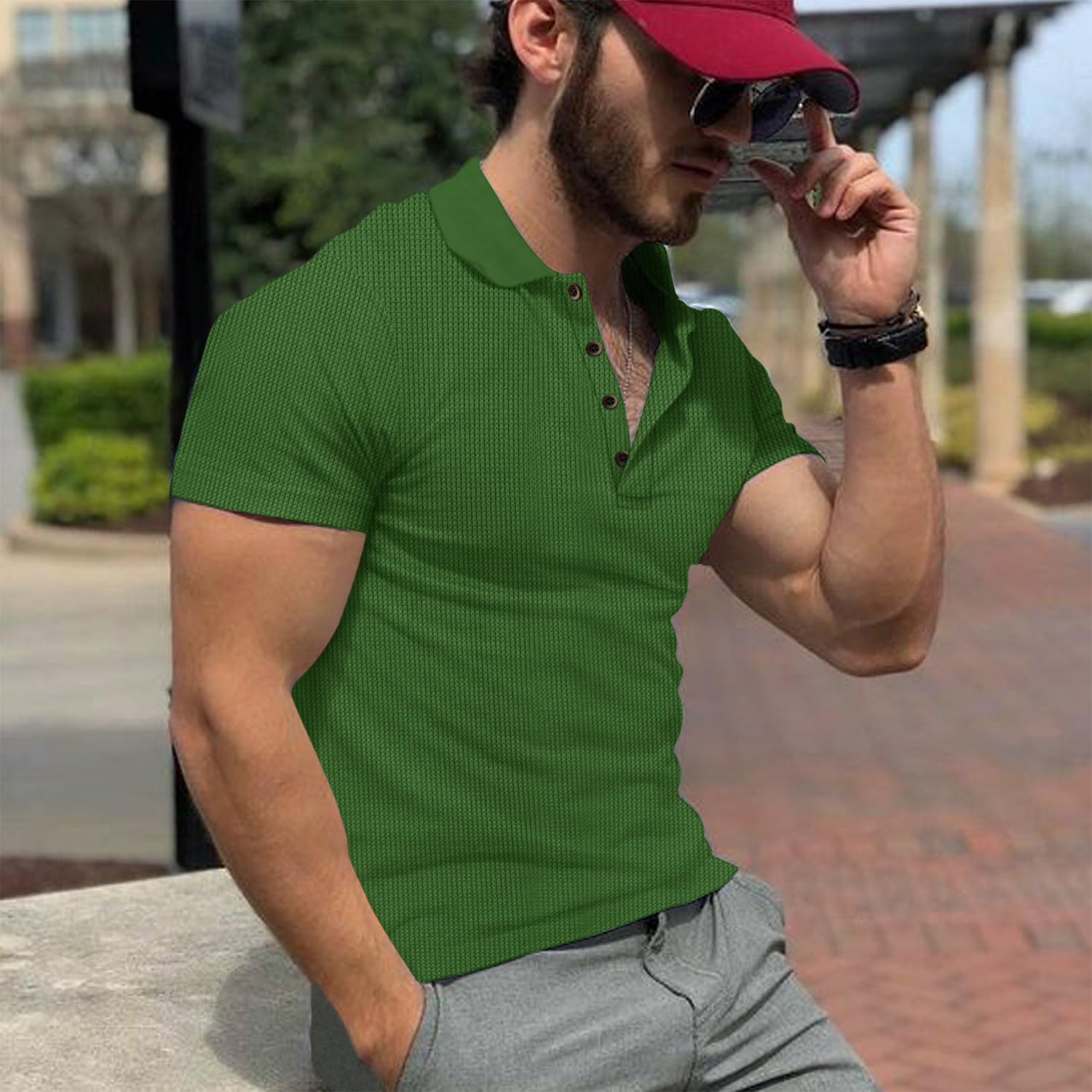 Men's Casual Polo Shirts Classic Button Basic Short Sleeve Waffle Solid Fit Golf Tees Stylish Tops - Image 2