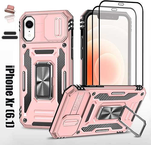 Funda resistente para Apple iPhone Xr10R, protección híbrida de goma de doble capa de grado militar con protector de cámara deslizante, soporte