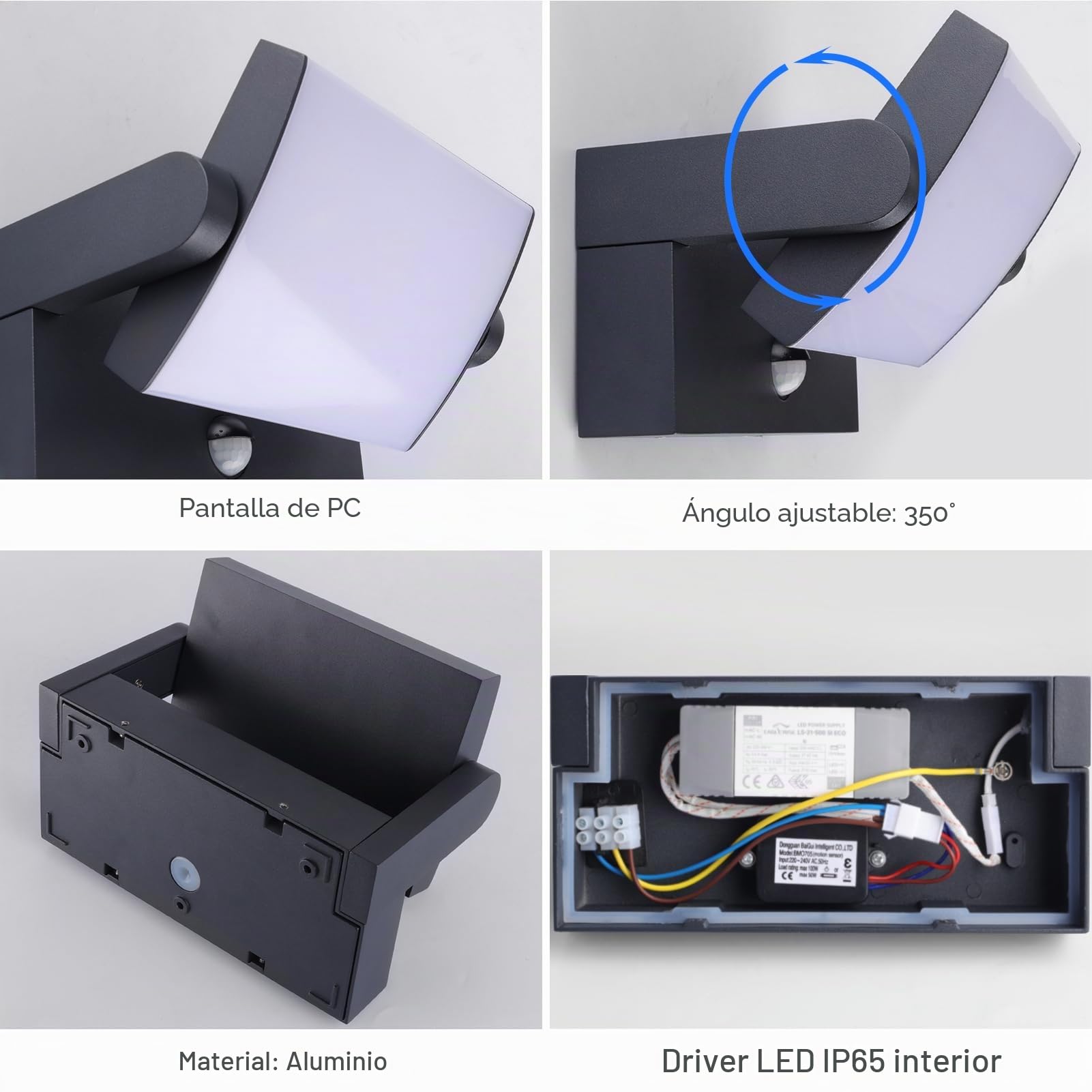 Klighten 2 Piezas 24W Apliques Exterior/Interior con Sensor de Movimiento, IP65 Luz Pared LED Ajustable, Lámpara Pared Moderno Aluminio para Terraza Jardines Balcón, Blanco Calido 3000K, Antracita