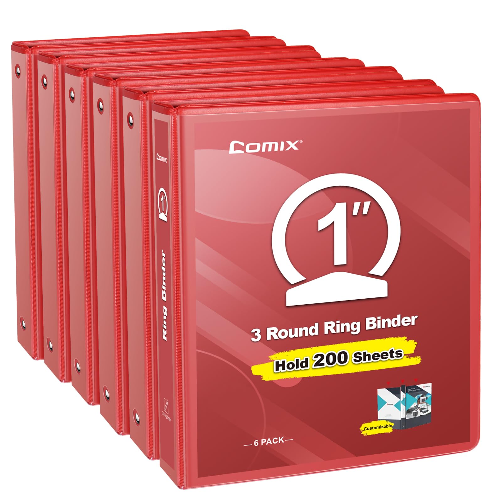COMIX 3 Ring Binder 1 inch with Clear View Cover, 1" View Binder Holds 200 Sheets of US Letter Size Paper, 6 Pack (Red)