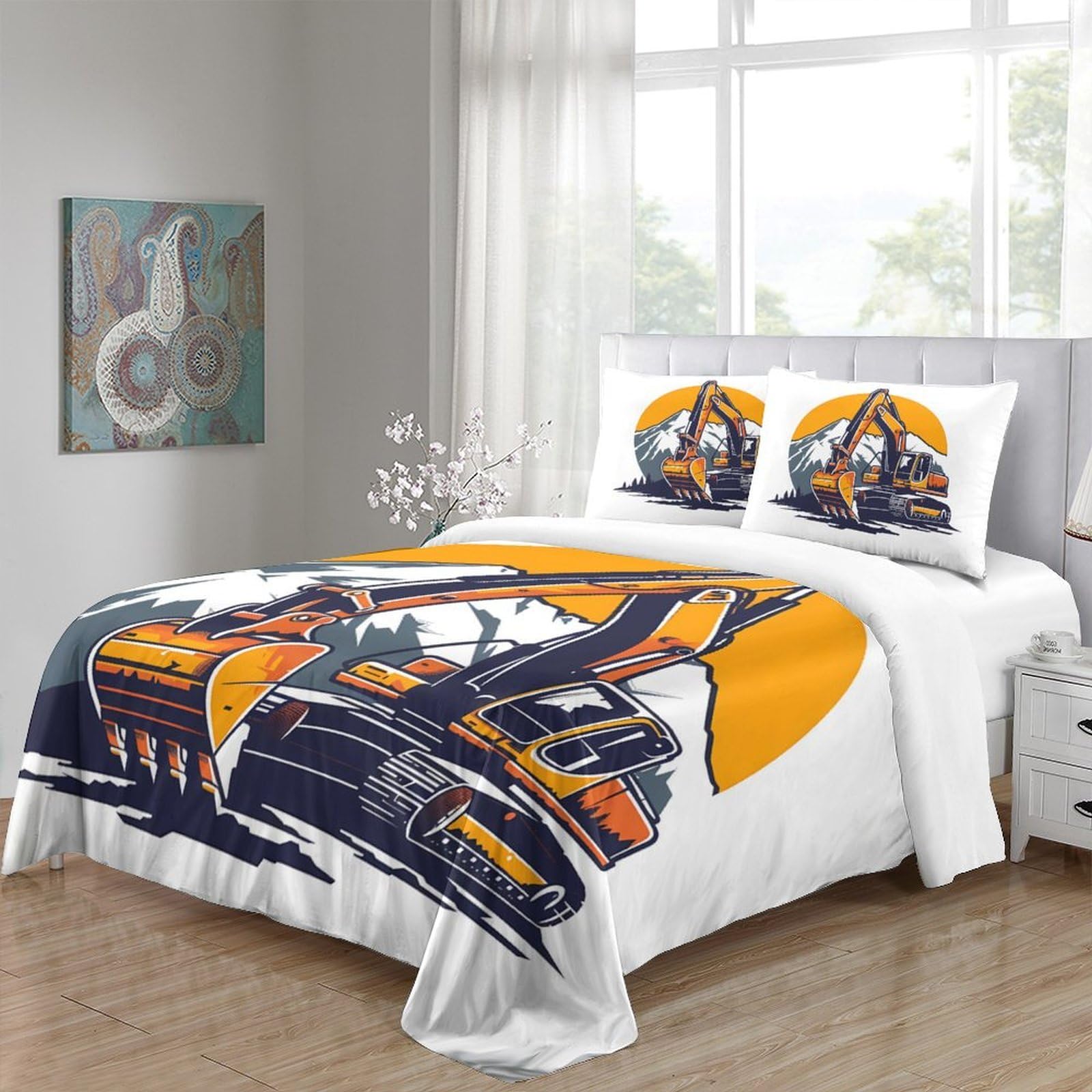 Baggermaschine 3-teiliges Pflegeleichtes Polyester industrielle Illustration Stil Kinderbettwäscheset, 2 Kissenbezug, Unsichtbarer Reißverschluss, Babysicher & Gifffrei King（220x240cm）