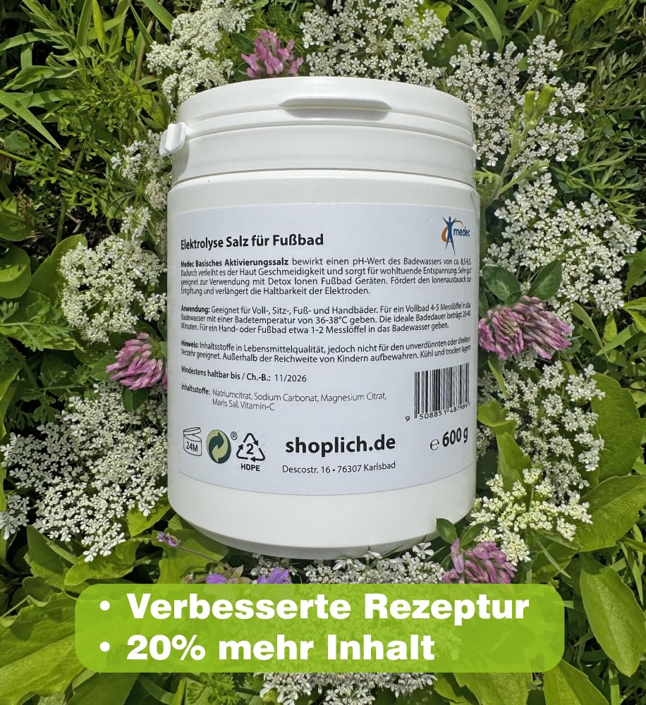 Elektrolytsalz 600g basisch für Ionen- und Elektrolysefußbad | basisches Aktivierungssalz, für Fußbad, Sitzbad, Handbad & Vollbad, vegan, pH 8,5