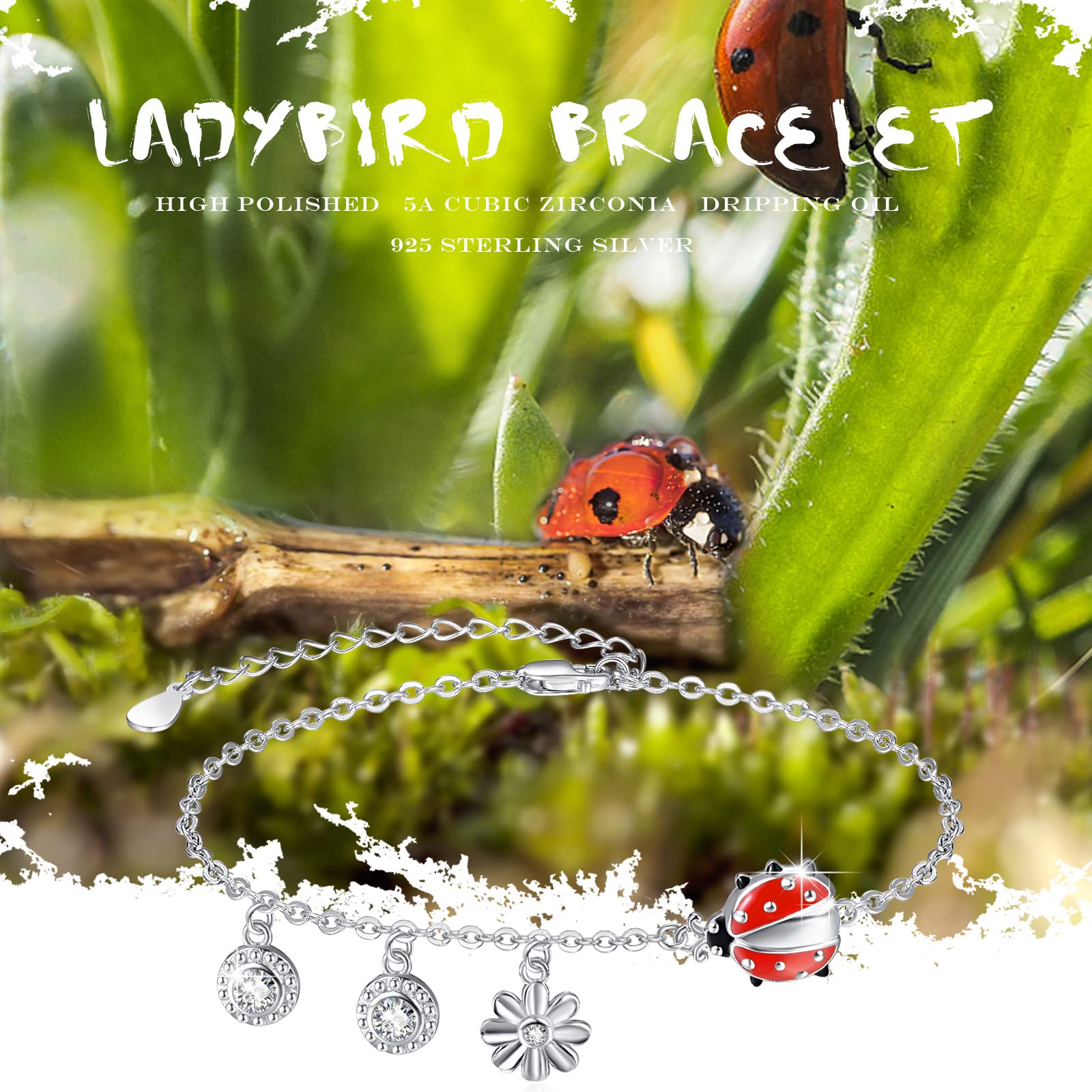Bracciale con coccinella Regali Red Ladybug Macchie nere in argento sterling 925 Ladybug gioielli per ragazze donne insetti amanti Argento