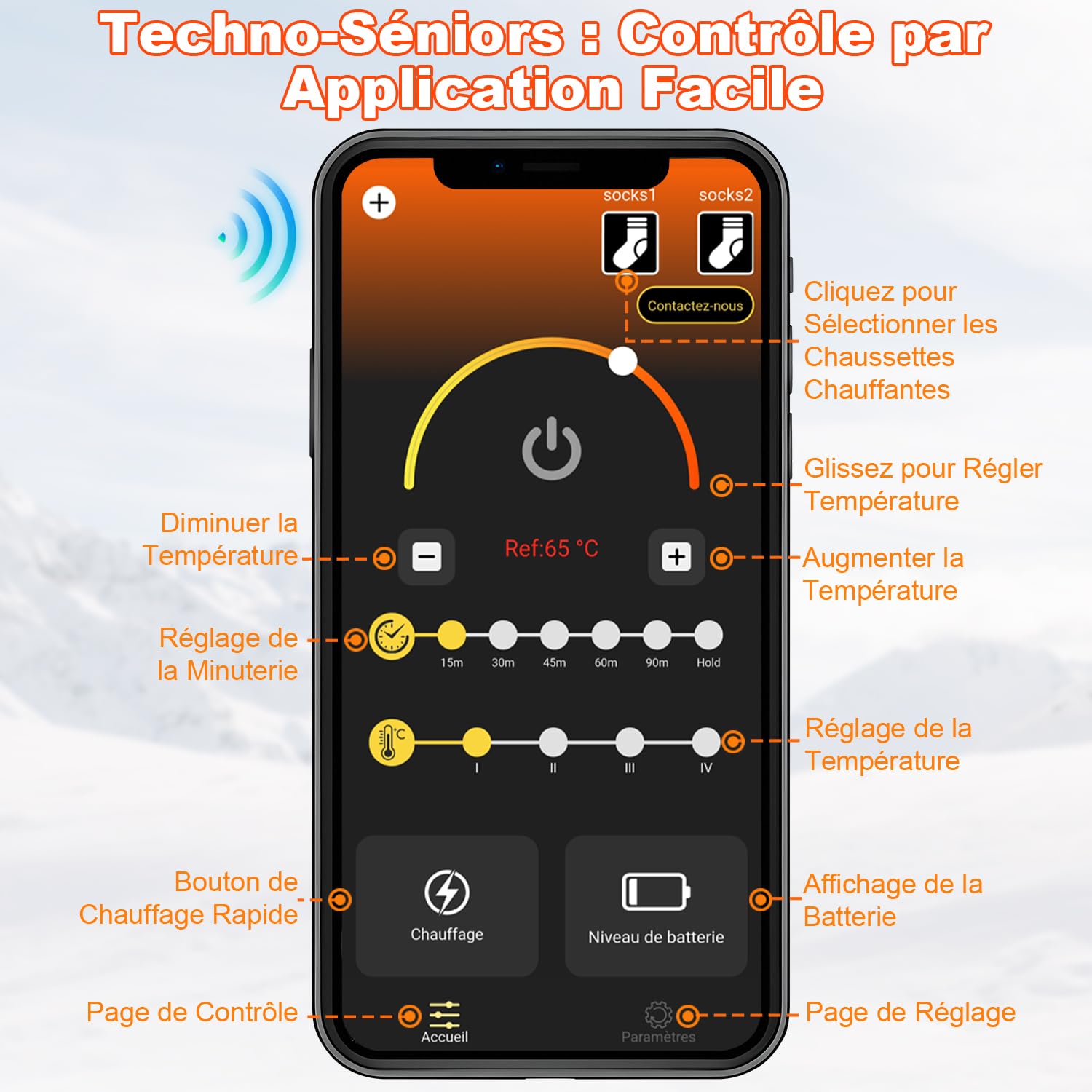 Chaussettes Chauffantes Rechargeables 8000mAh avec Télécommande APP, Chauffage 360° pour Ski Camping Cyclisme, Noir/Bleu