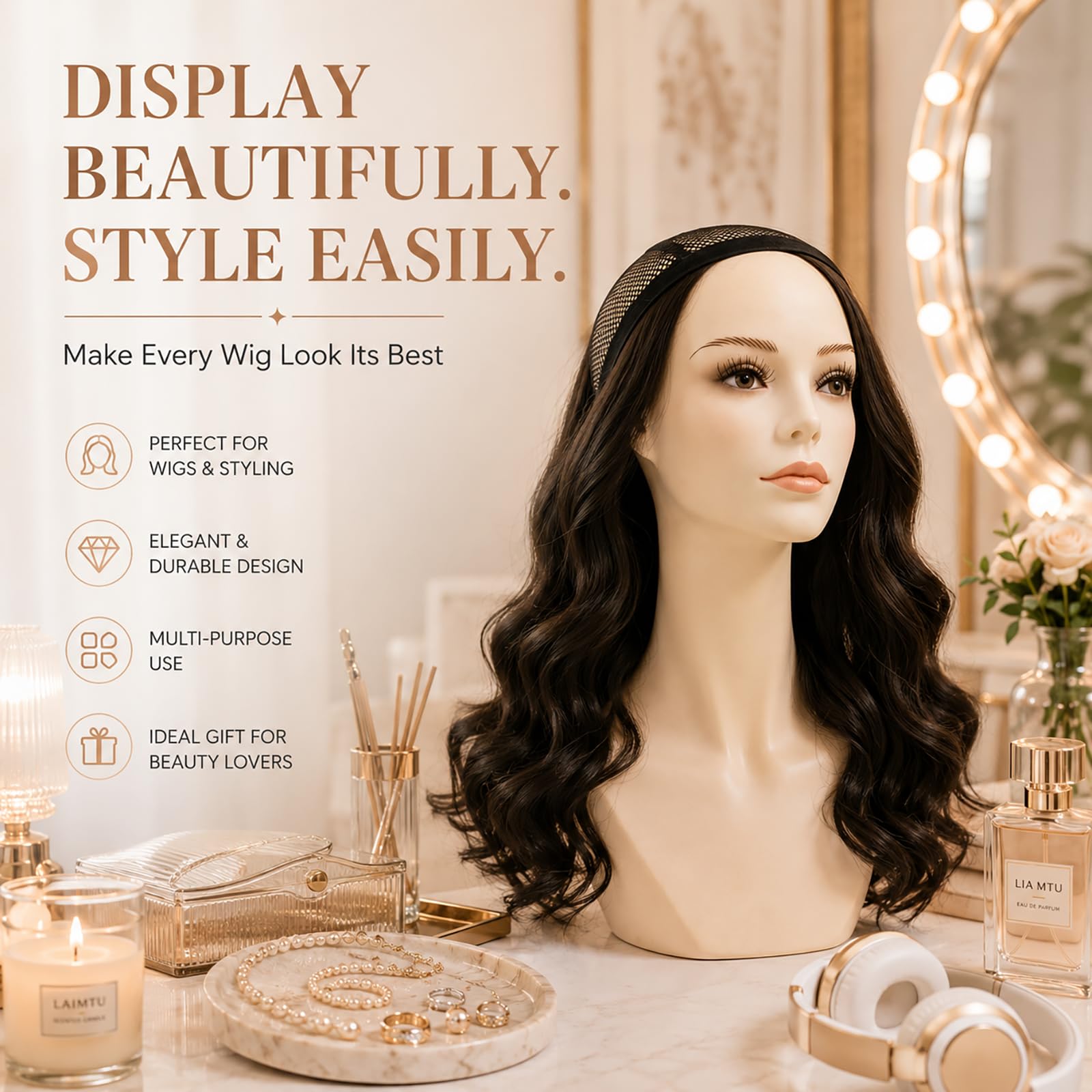 17-Inch Female Mannequin Head Form with Eyelashes, Lips and Tripod Mount