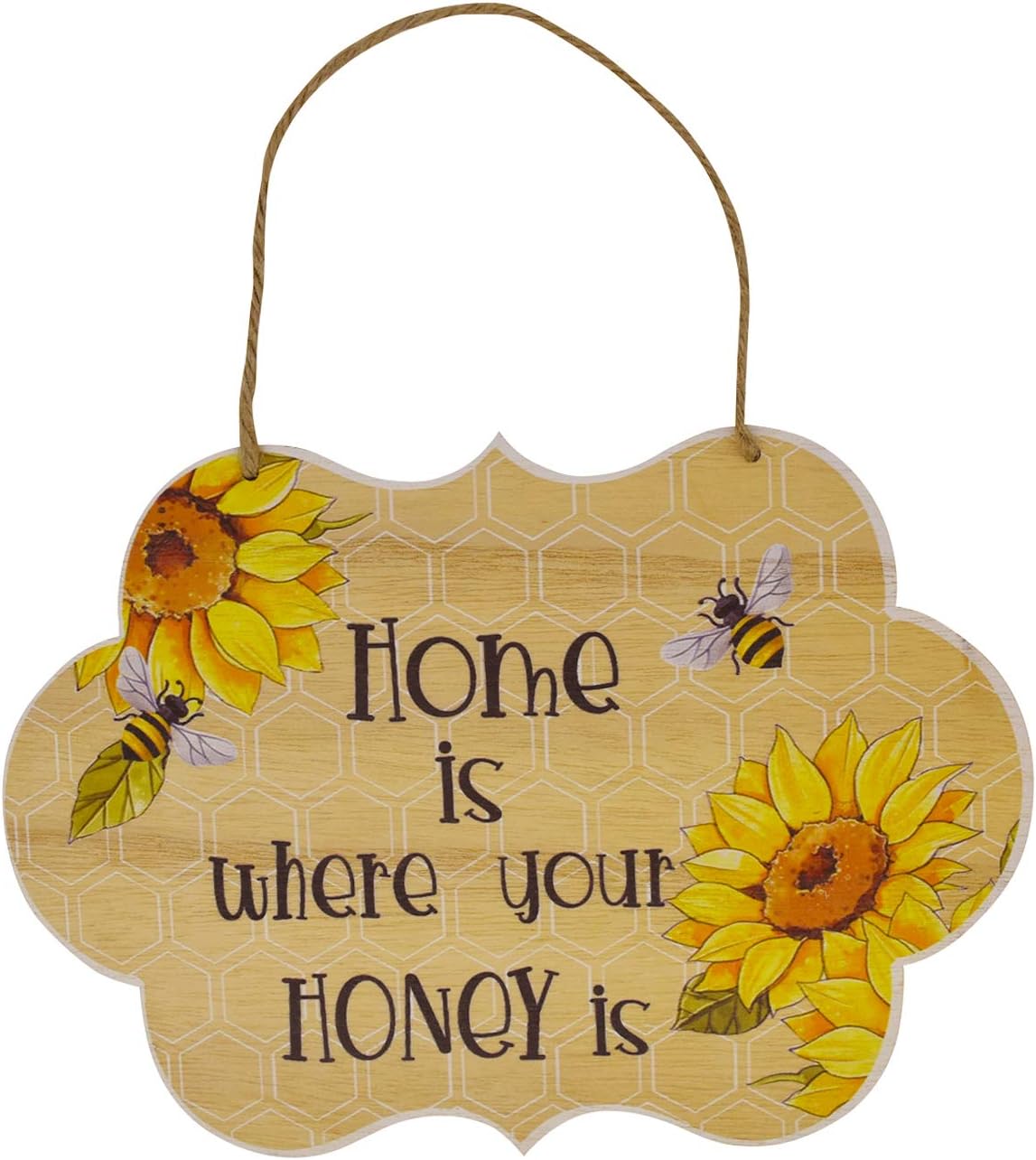 Assletes Wooden Art Bumble Bee Sunflower Sign Door Decoration Happy Bee Day Honeycomb Wall Hanging Pendant Sweet Cute Wood Welcome Home Ornament Crafts Pastoral Decor Plaque, 8.6 x 6.3 Inch - B
