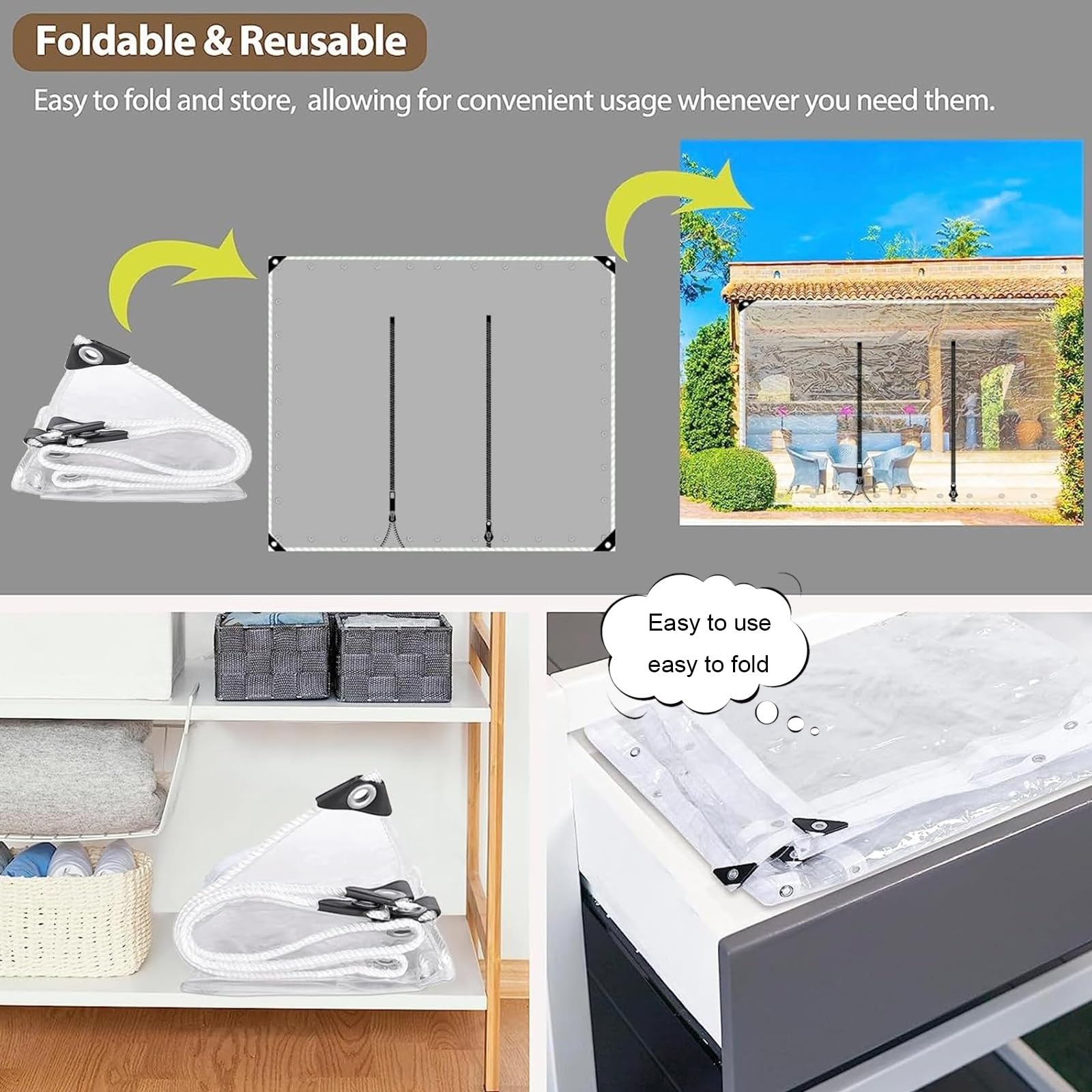 Doorzichtige waterdichte buitengordijnen, zwaar belastbaar, 0,3 mm, PVC zeildoek panelen met Doorzichtige waterdichte buitengordijnen, zwaar belastbaar, 0,3 mm, PVC zeildoek panelen met