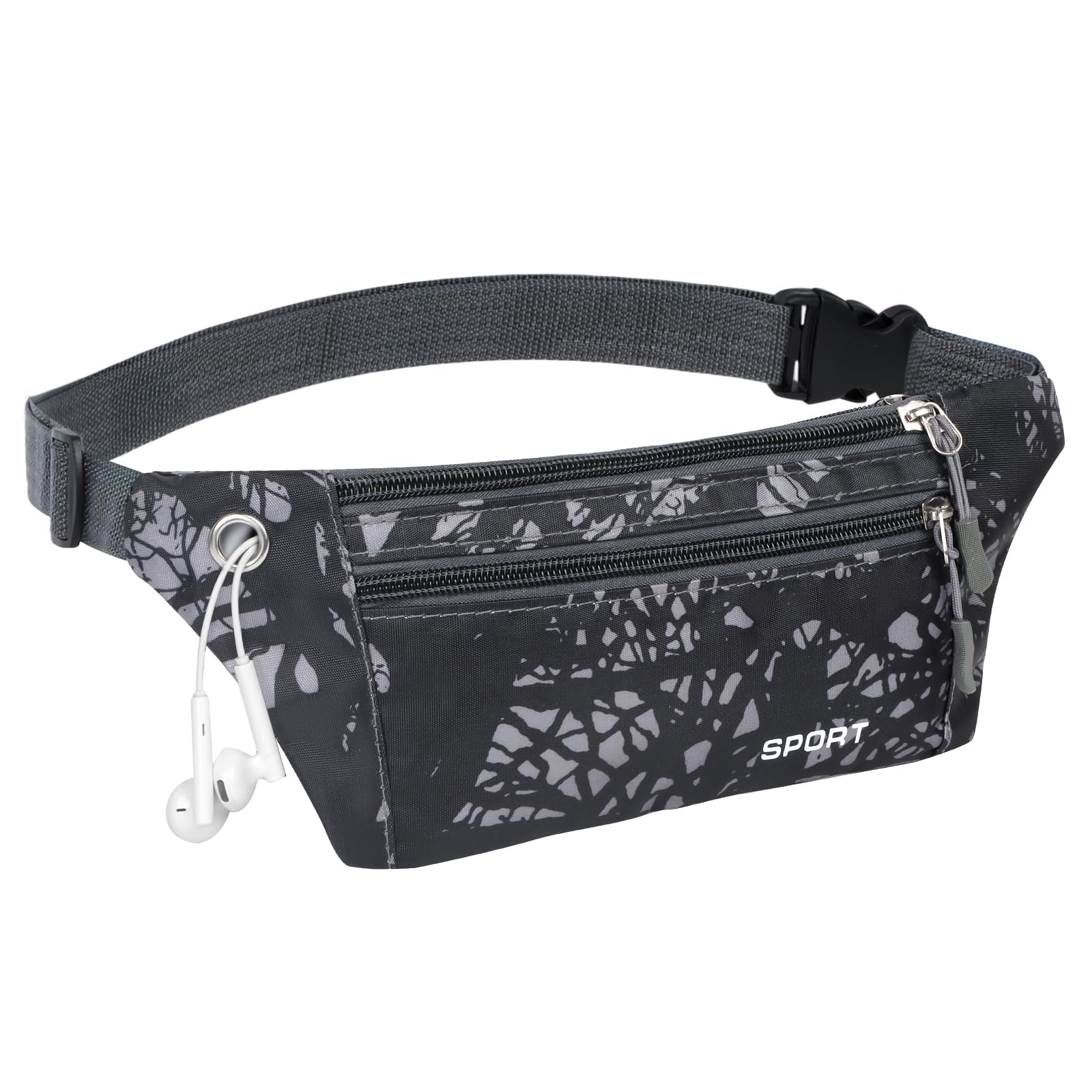 Minicoco Printed Running Waist Pack Crossbody Bag Outdoor Bum Bag with Headphone Hole, Black Tree Pattern Sport Waist Pack Crossbody Chest Bag with Adjustable Strap for Men Women Running