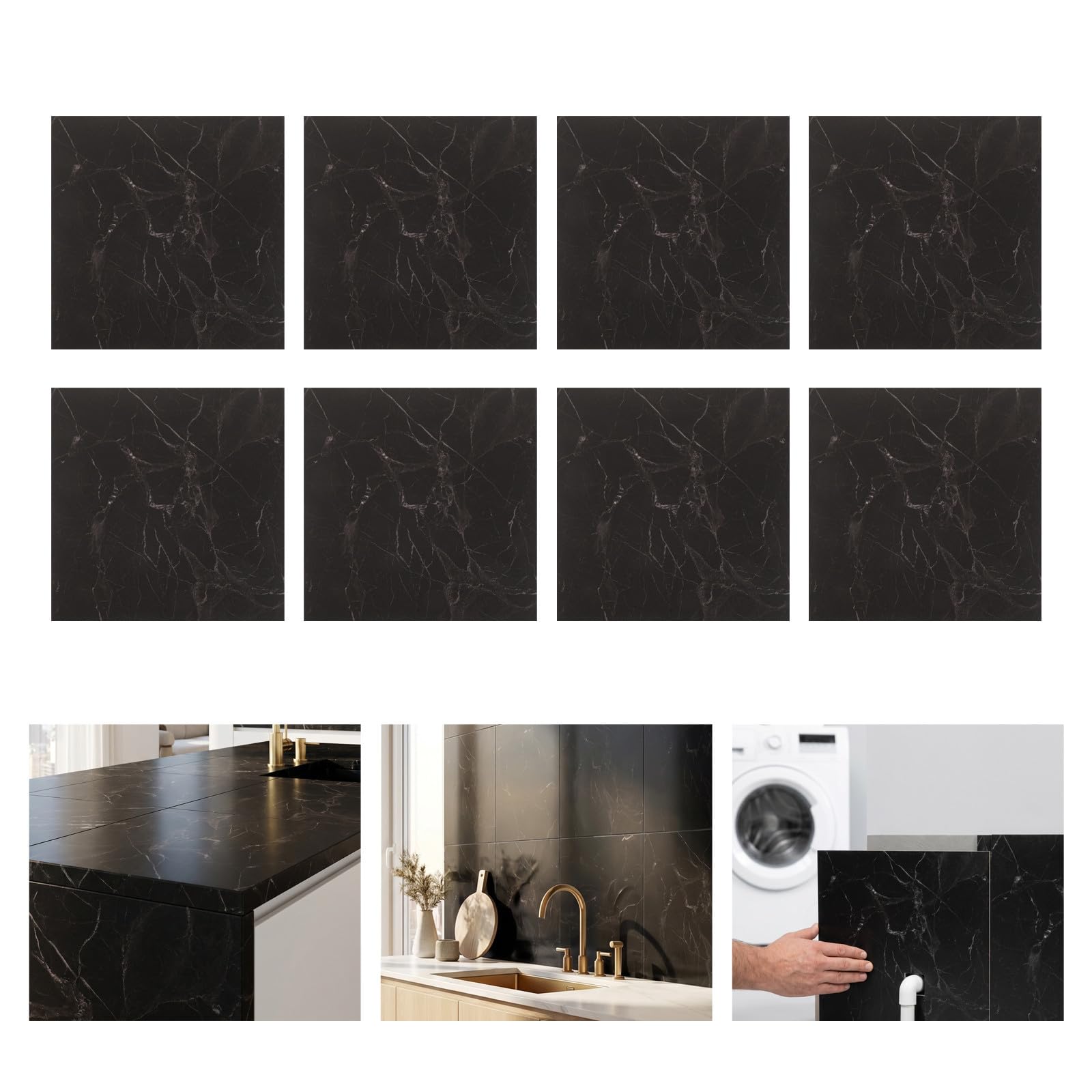 Veemoon 20 Pezzi Piastrelle Adesive in Pvc Effetto Marmo Nero 30x30 Cm Spessore 1,5mm Impermeabili e Resistenti per Pavimenti, per Ingressi e Lavanderie, Superficie Rinforzata